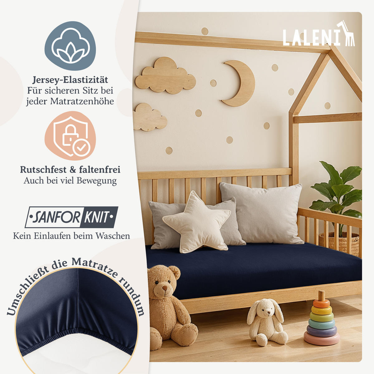 SPANNBETTLAKEN für Beistellbett & Stubenwagen – 100% Baumwolle, Atmungsaktiv & Weich, 100x115x10 cm, Blau - Blau, Textil (100/115cm) - Laleni