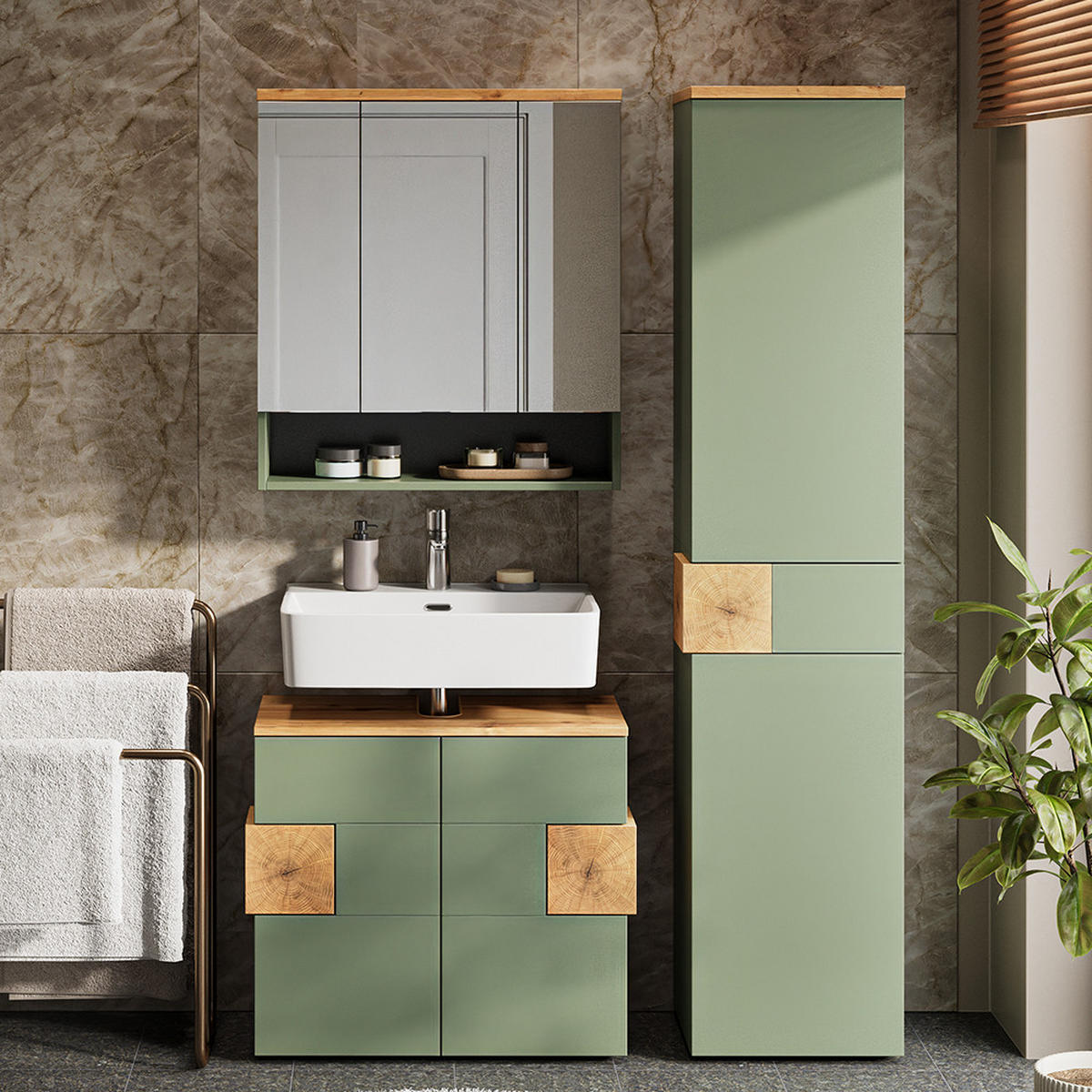 HOCHSCHRANK Eden Grün/Artisan 40 x 184.2 cm mit 2 Türen & 1 Schublade - Hellgrau/Grün, Holzwerkstoff (40/184.2/37cm) - Vicco