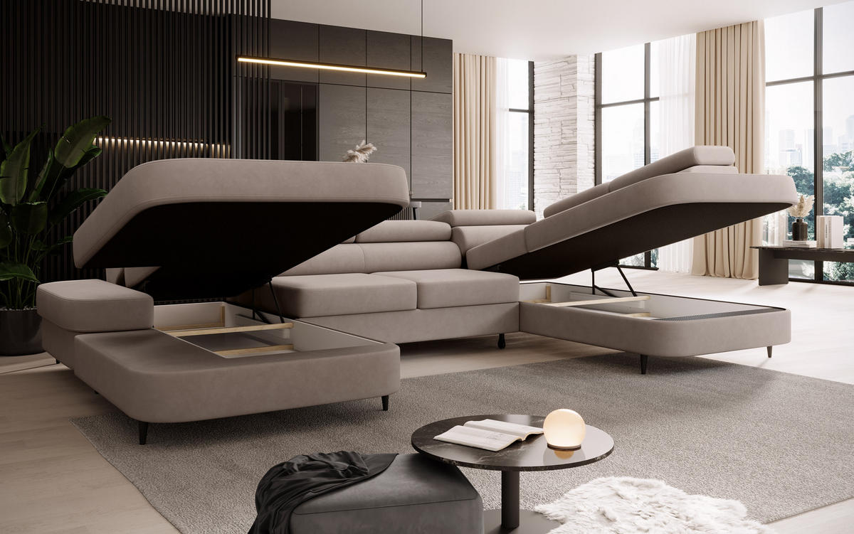 ECKSOFA U-form PRIAM U mit Schlaffunktion, Bettkasten & Easy-Clean-Stoff - Beige/Schwarz, Holz/Textil (203/91/350cm) - Muffo