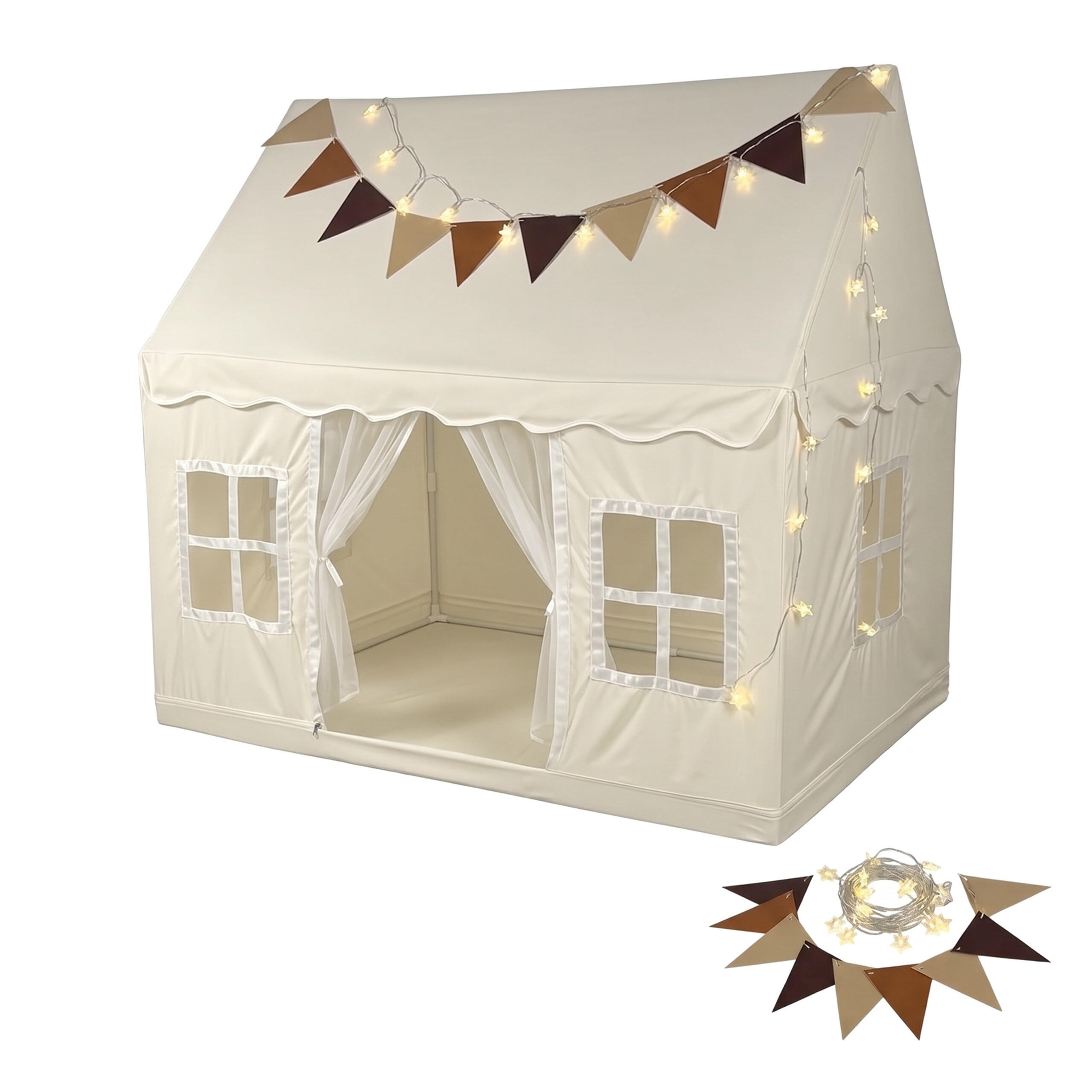 SPIELZELT Beige mit Lichterkette 130x125x95 cm - Beige, Kunststoff/Textil (125/130/95cm) - Relaxdays