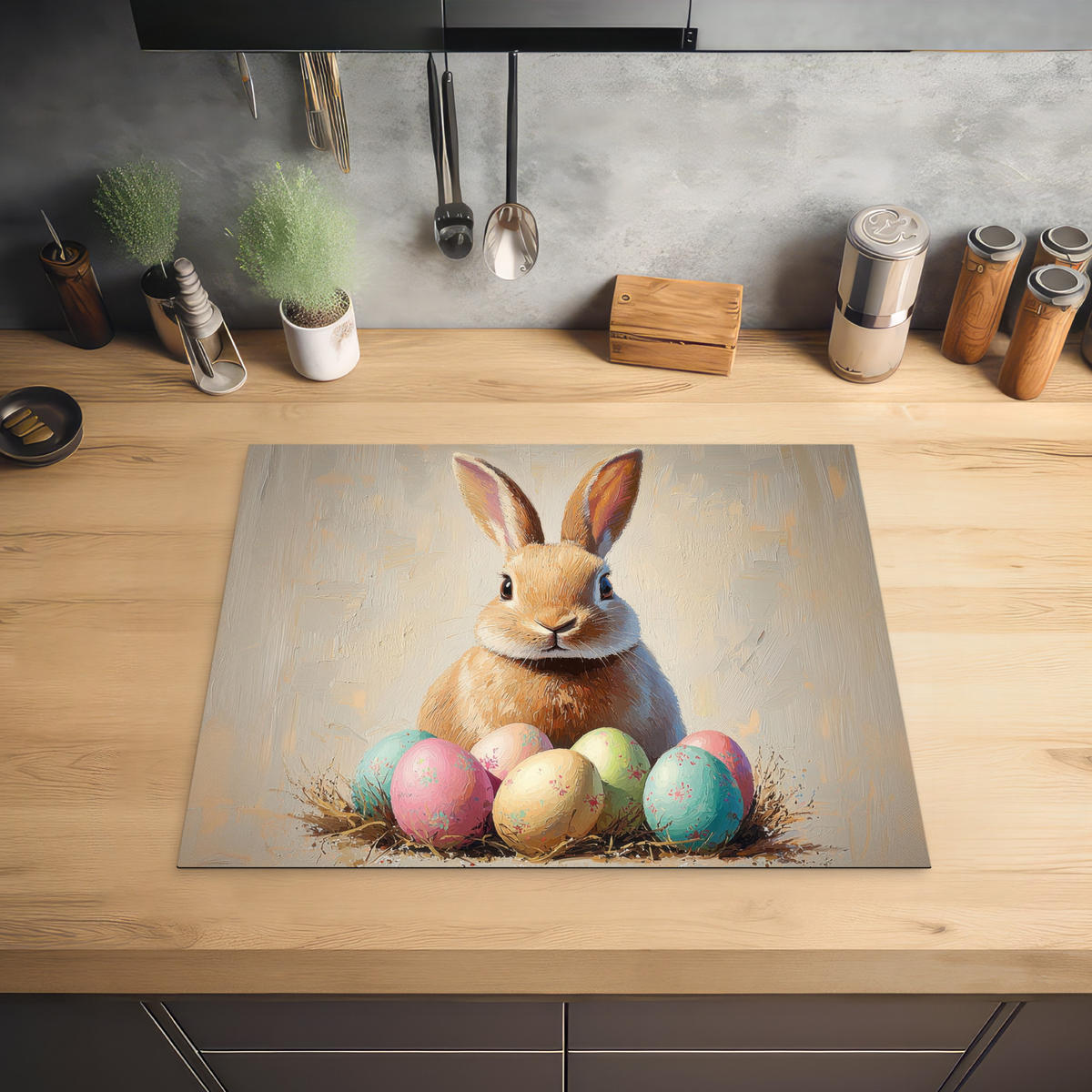 HERDABDECKPLATTE Osterhase - Pastell - Eier Herdabdeckung Induktionsfeld 65x52 cm - Beige, Kunststoff (65/52/0.2cm) - MuchoWow