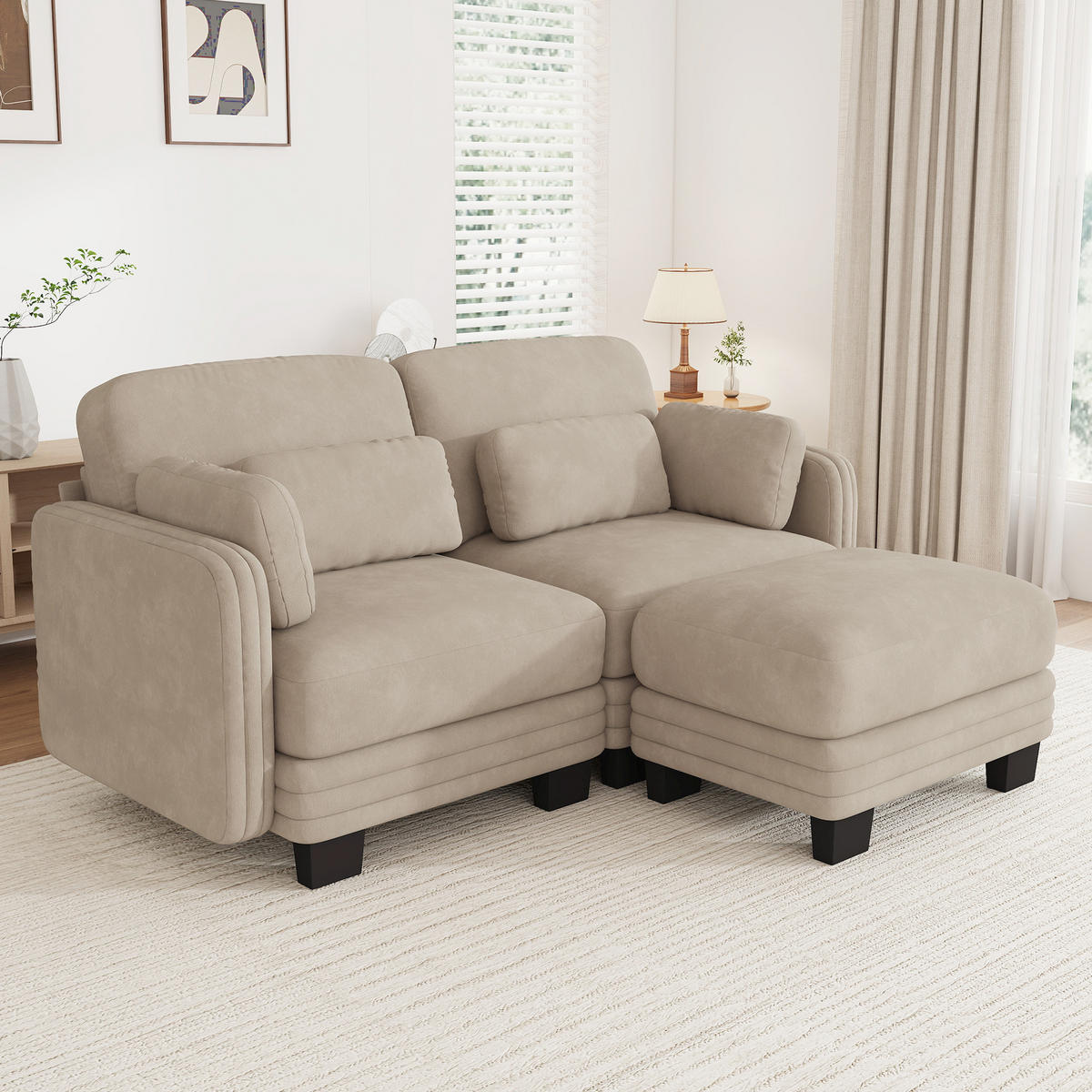 ECKSOFA 2-Sitzer L-Form mit Ottomane, DE-42686, Hellbraun - Hellbraun, Holz (176/143cm) - ComfortXL