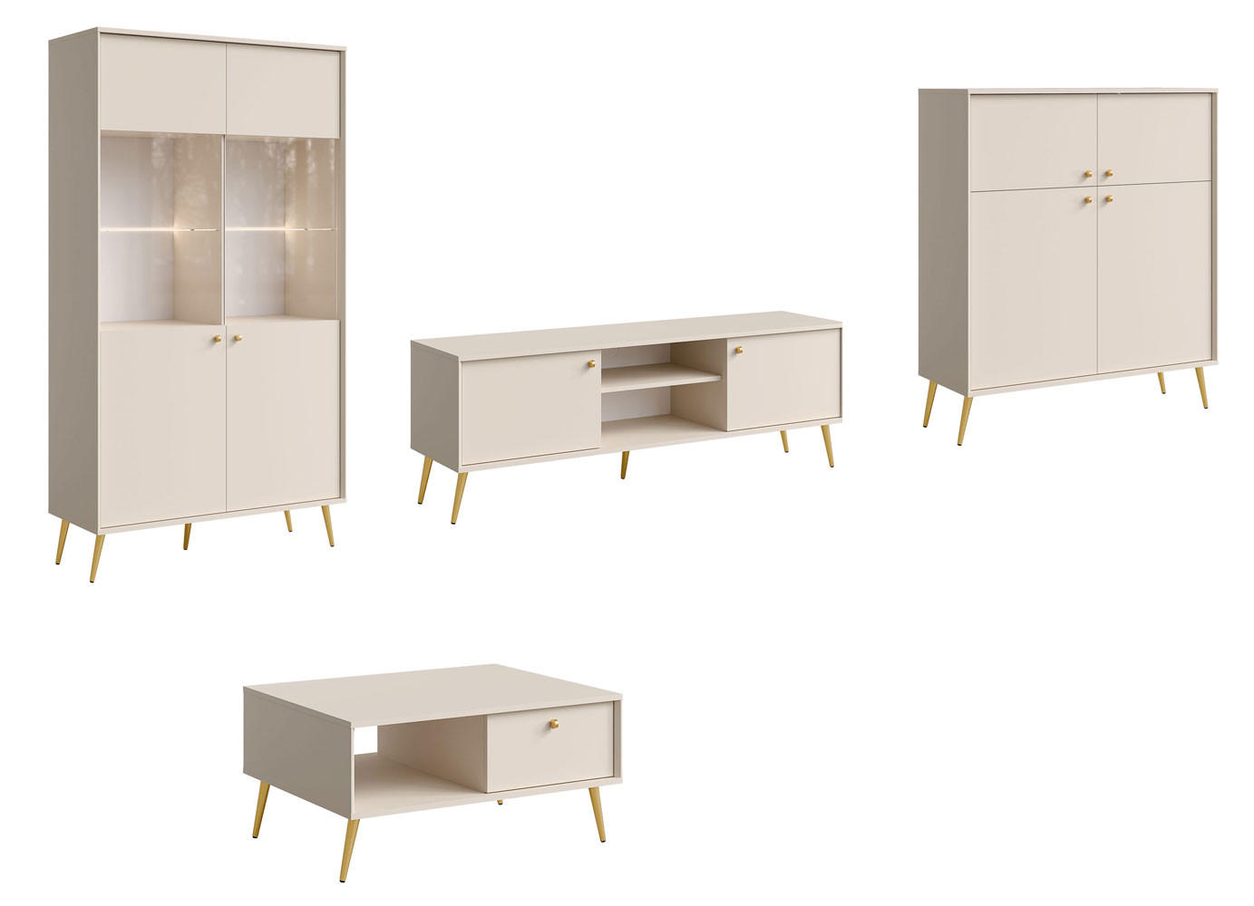 WOHNZIMMER SET 4-TEILIG Rose sandbeige 366,5 / 66 / 191cm - Beige/Goldfarben, Holzwerkstoff/Metall (367/191/41cm) - Feldmann-Wohnen