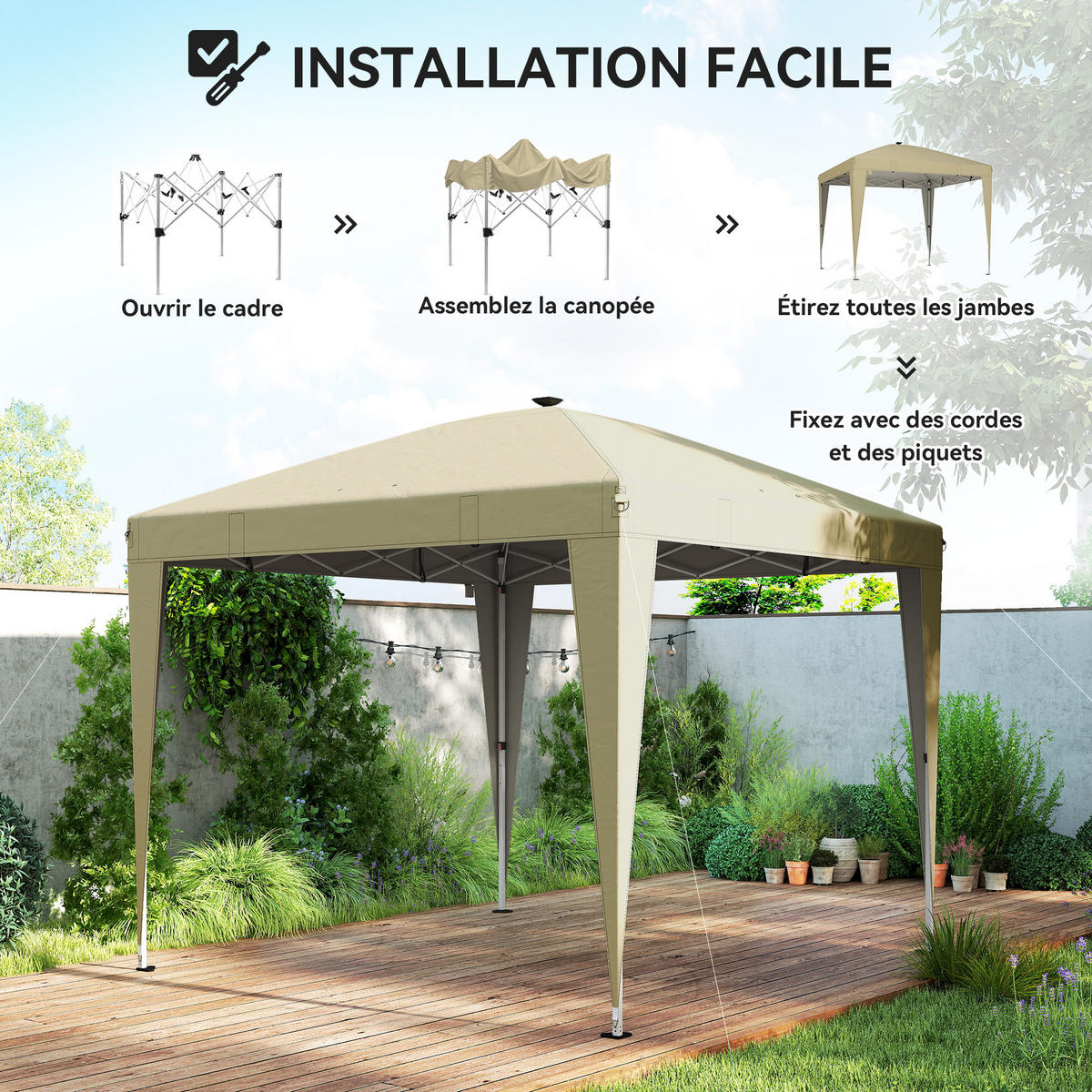 PAVILLON DE-14066 mit Beleuchtung, höhenverstellbar, Fernbedienung Creme - Creme, Metall (297/288/297cm) - ComfortXL