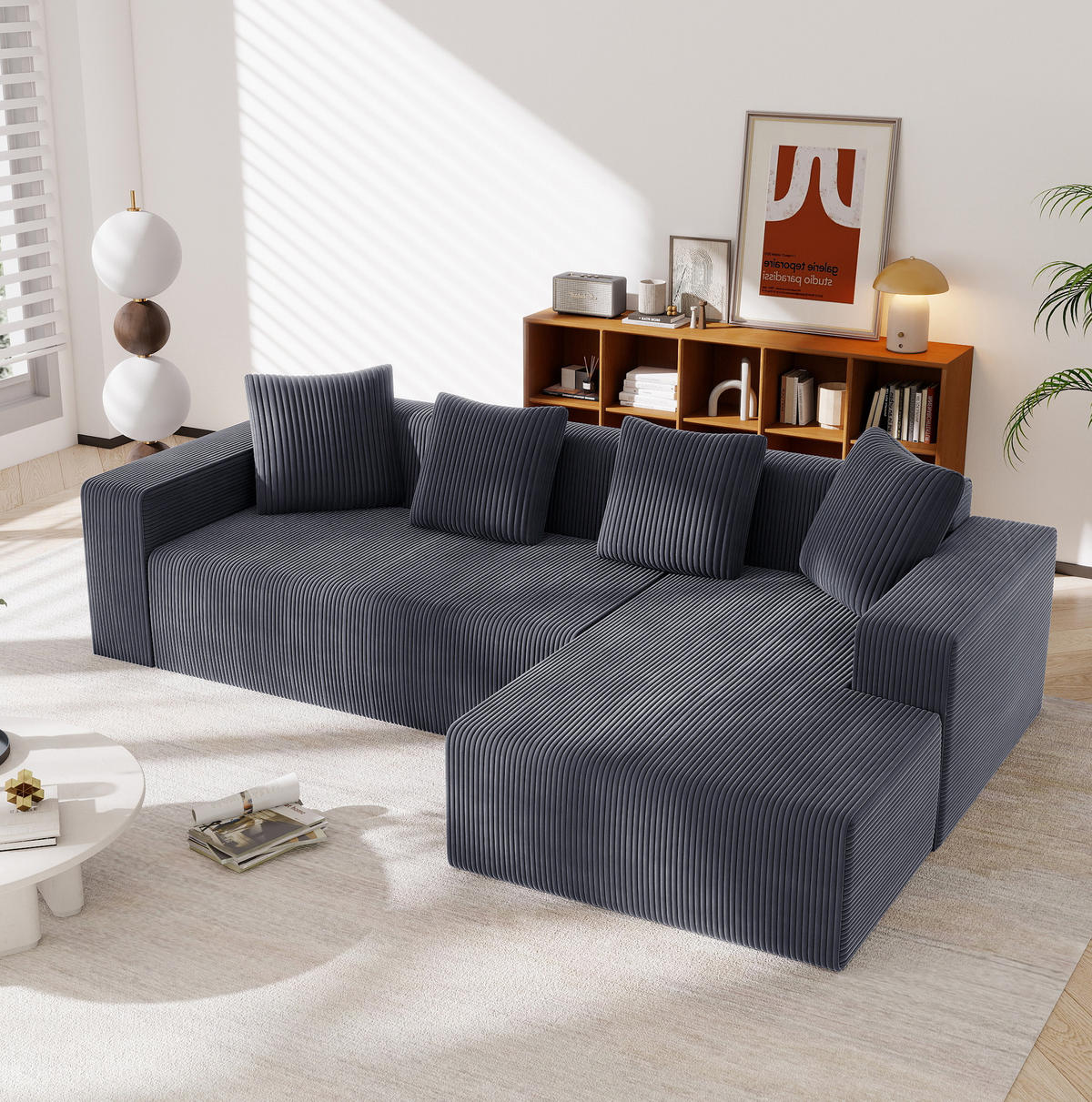 ECKSOFA Cord mit tiefer Sitzfläche, modularer Liege 261/146/65 cm Grau - Grau, Textil (146/261cm) - Redom