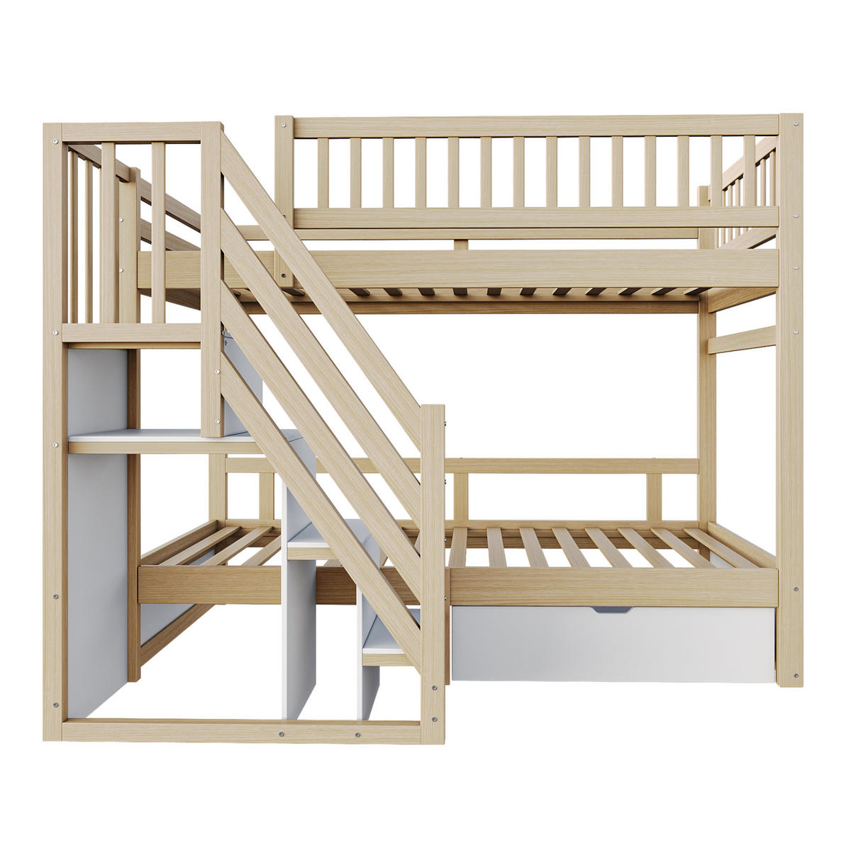 ETAGENBETT 90/200 cm mit Lattenrost, Treppe mit Stauraum und Schubladen, Natur /Weiß - Naturfarben, Holzwerkstoff (90/200cm) - Redom