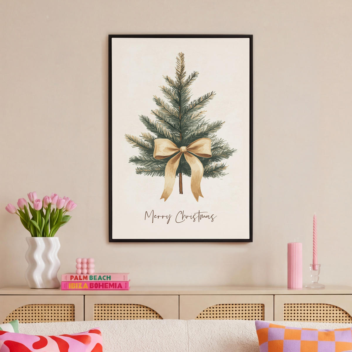 LEINWAND Bilder mit Rahmen - Weihnachtsbaum - Weihnachten - Frohe Weihnachten - Beige - 60x90 - Sandfarben, Textil (60/90cm) - MuchoWow