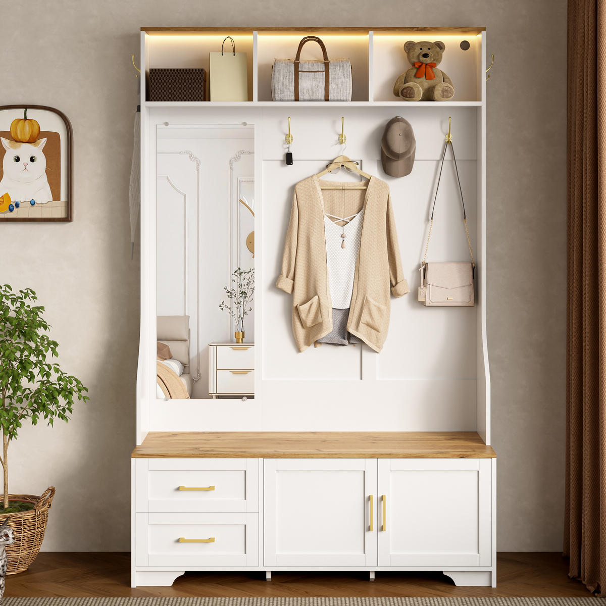 GARDEROBE LED Spiegel Schubladen - Weiß, Holz (120/187/40cm) - LEBENLANG