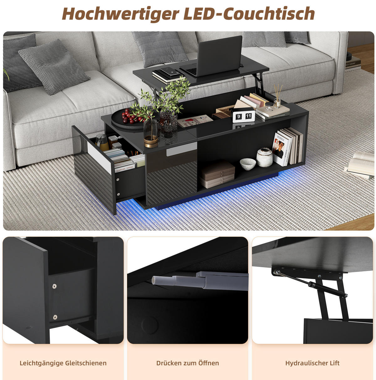 KLUB stolić 100/50/40 cm crni od iverice s podiznom pločom i LED rasvjetom - crna, drvni materijal (100/50/40cm) - OKWISH