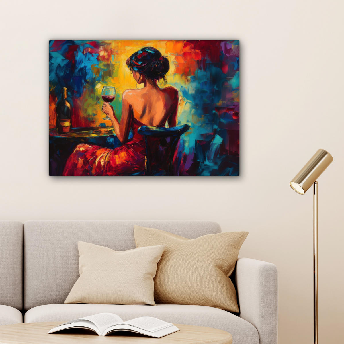 LEINWANDBILD Wein - Frau - Stimmungsvoll - Farbenfroh Wandbilder 80x60 cm - Bordeaux, Textil (80/60cm) - MuchoWow