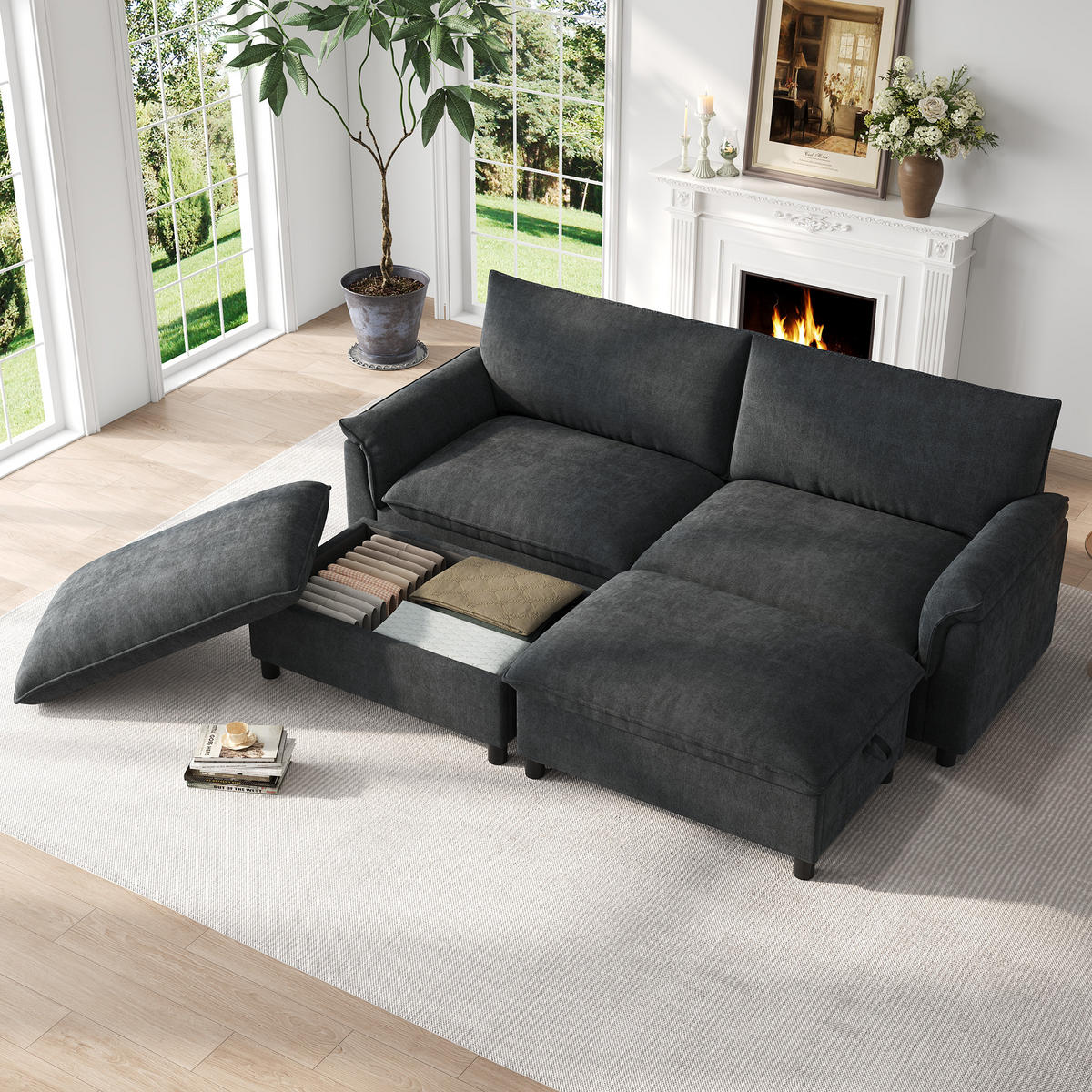 SOFA Schwarz U-Form Cloud Modular Deep Seat 216cm Hocker - Schwarz, Textil (77/82/216cm) - FLIEKS