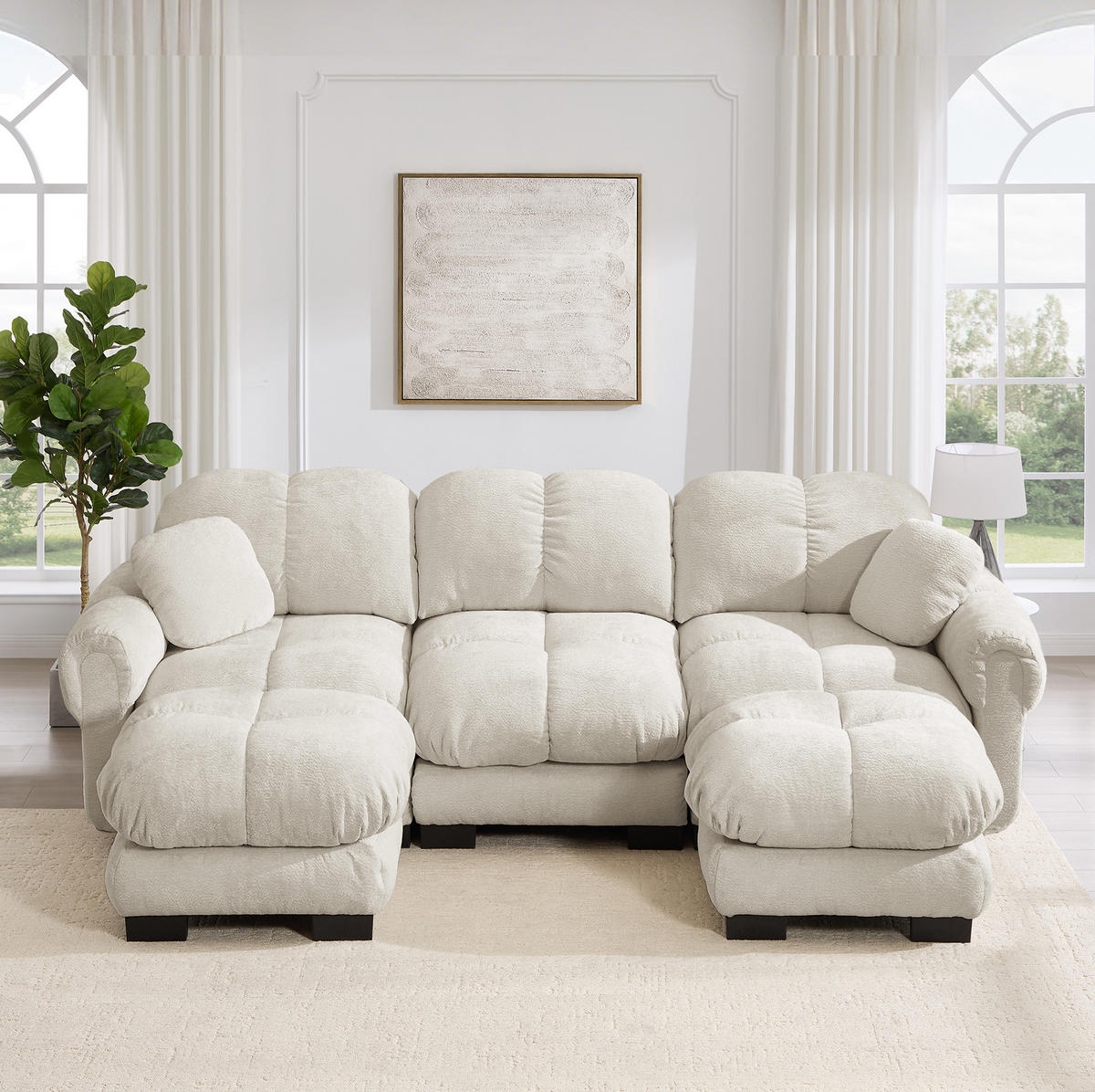 SOFA U-Form 3-Sitzer mit Steppnaht Chenille Light Khaki - Hellbraun, Holz (149/90/260.1cm) - Meubliv