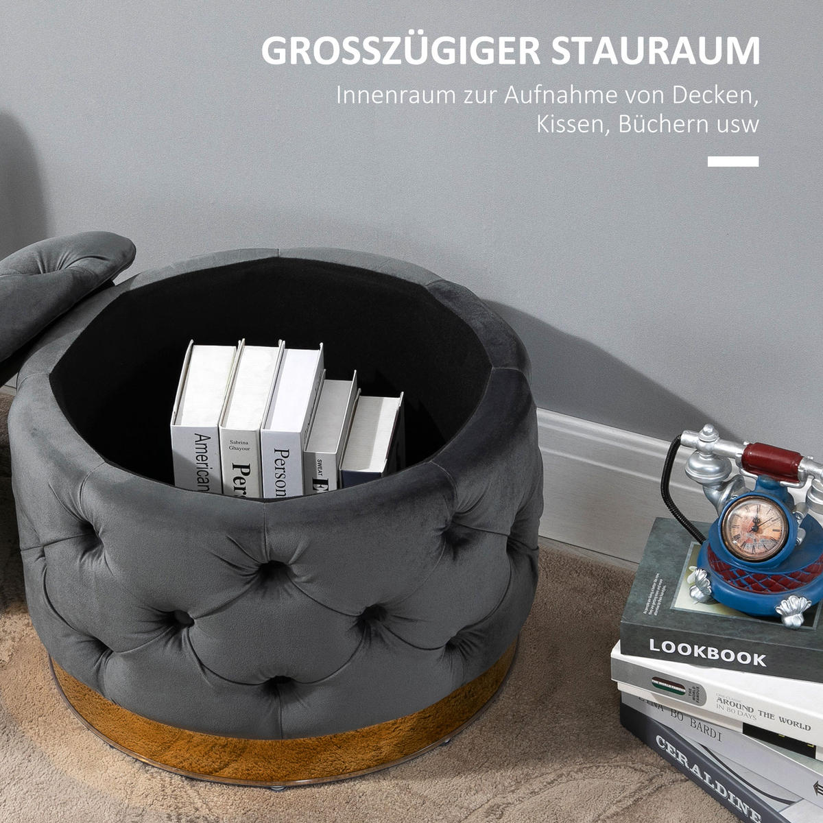 VINTAGE Hocker, Sitzhocker, Kohlegrau - Grau, Textil (55/42/55cm) - HOMCOM