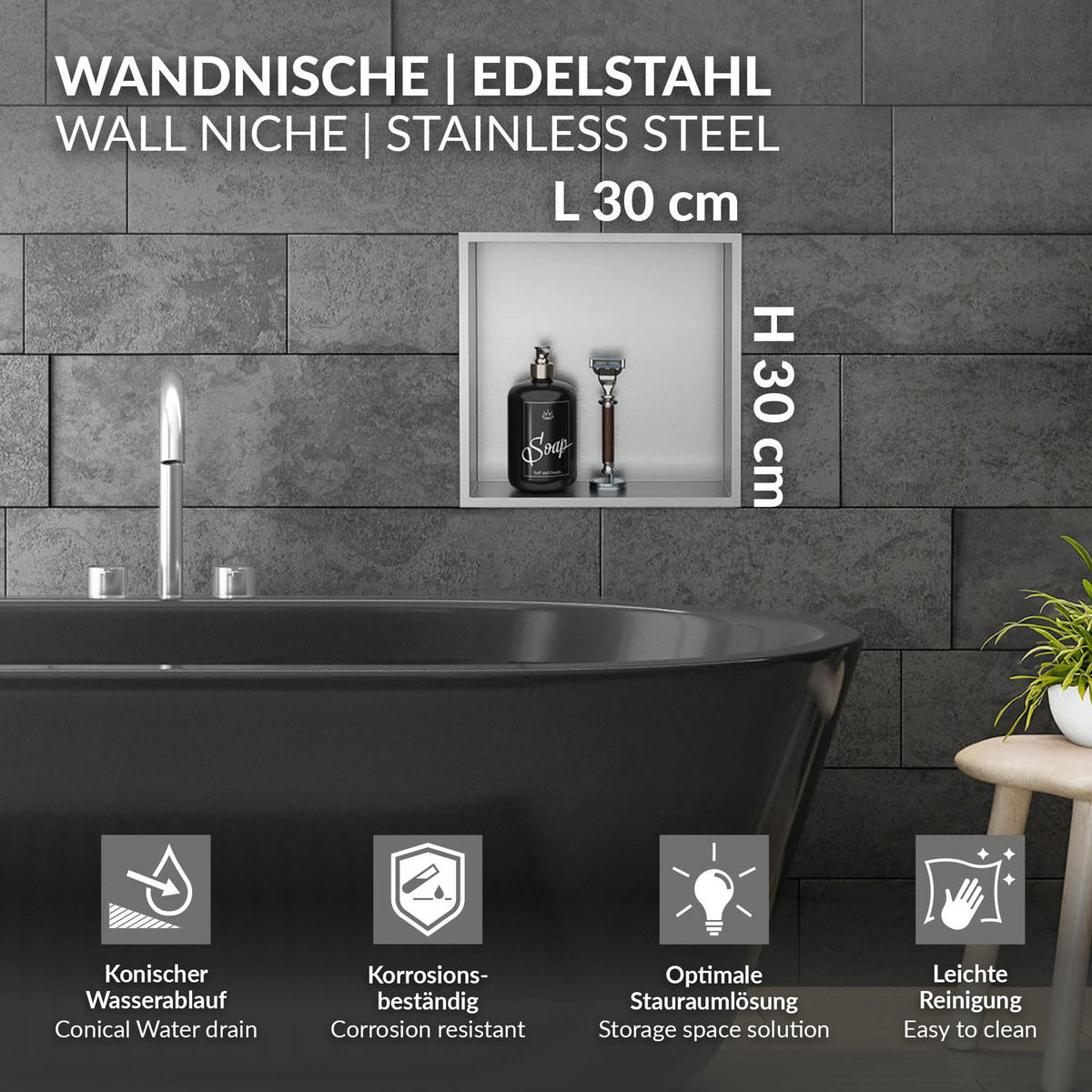 DUSCHNISCHE Silber 30/30 cm - Silberfarben, Metall (30/30/10cm) - LuxeBath