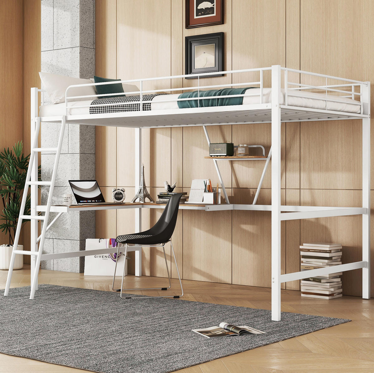 HOCHBETT mit Schreibtisch 90/200 cm in Weiß – mit Regal, Leiter und Rausfallschutz - Weiß, Metall (90/200cm) - BEAOK