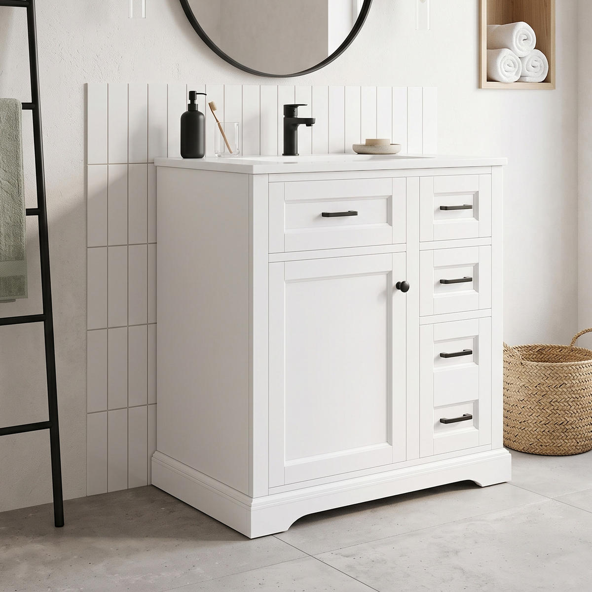WASCHTISCH 76cm Keramikbecken 4 Schubladen Türregal Weiß - Weiß, Holzwerkstoff (76/82/47cm) - Urban Meuble