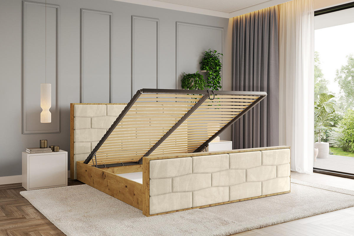 POLSTERBETT mit Bettkasten, Fußteil und Lattenrost, Boxbett mit Matratze H3/H4 - ENZO8-Z 160x200 Beige - Ecru, Holzwerkstoff/Textil (160/200cm) - ALTDECOR