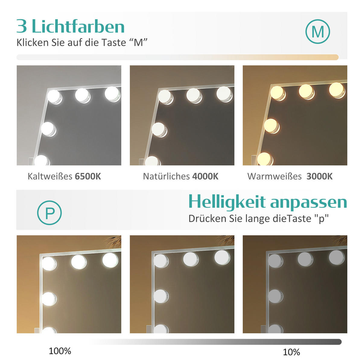 KOSMETIKSPIEGEL Rechteckiger mit Beleuchtung, Weiß, 41/30 cm - Weiß, Glas (31/8.5/40cm) - EMKE