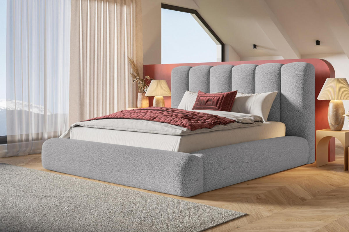 BETT 180x200 - Polsterbett mit Bettkasten und Metallrahmen - Modern Bett - Eleganter Catch Me-Stoff - Kollektion Alva Maxi - Hellgrau - Hellgrau, Holz/Textil (180/200cm) - Alpi-Möbel