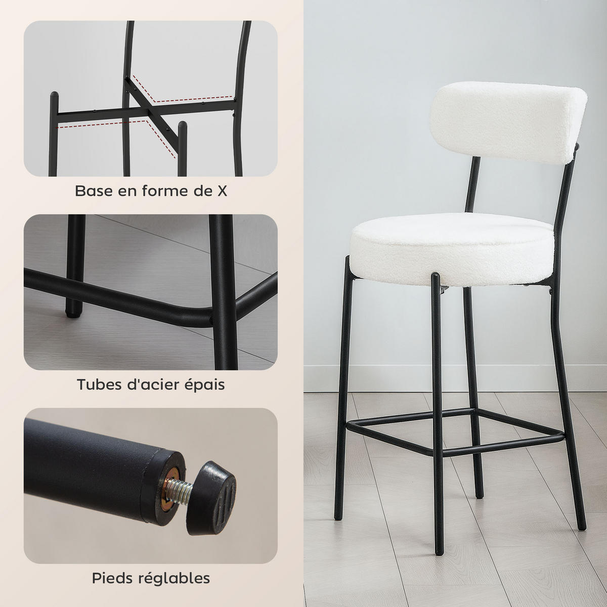 BARHOCKER 2er-Set DE-14785 gepolstert mit Fußstütze Creme - Creme, Metall (49/95/52cm) - ComfortXL