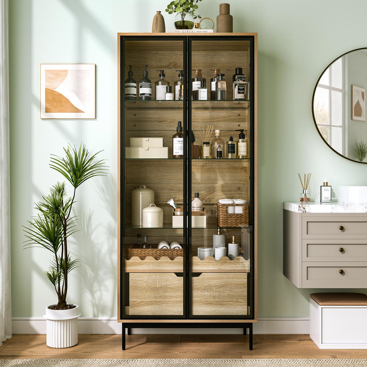 VITRINE in Naturfarben mit Glastür und Schublade für Wohnzimmer, B75/T35/H170,8 cm - Transparent/Naturfarben, Glas/Holzwerkstoff (75/170.8/35cm) - STILVORA