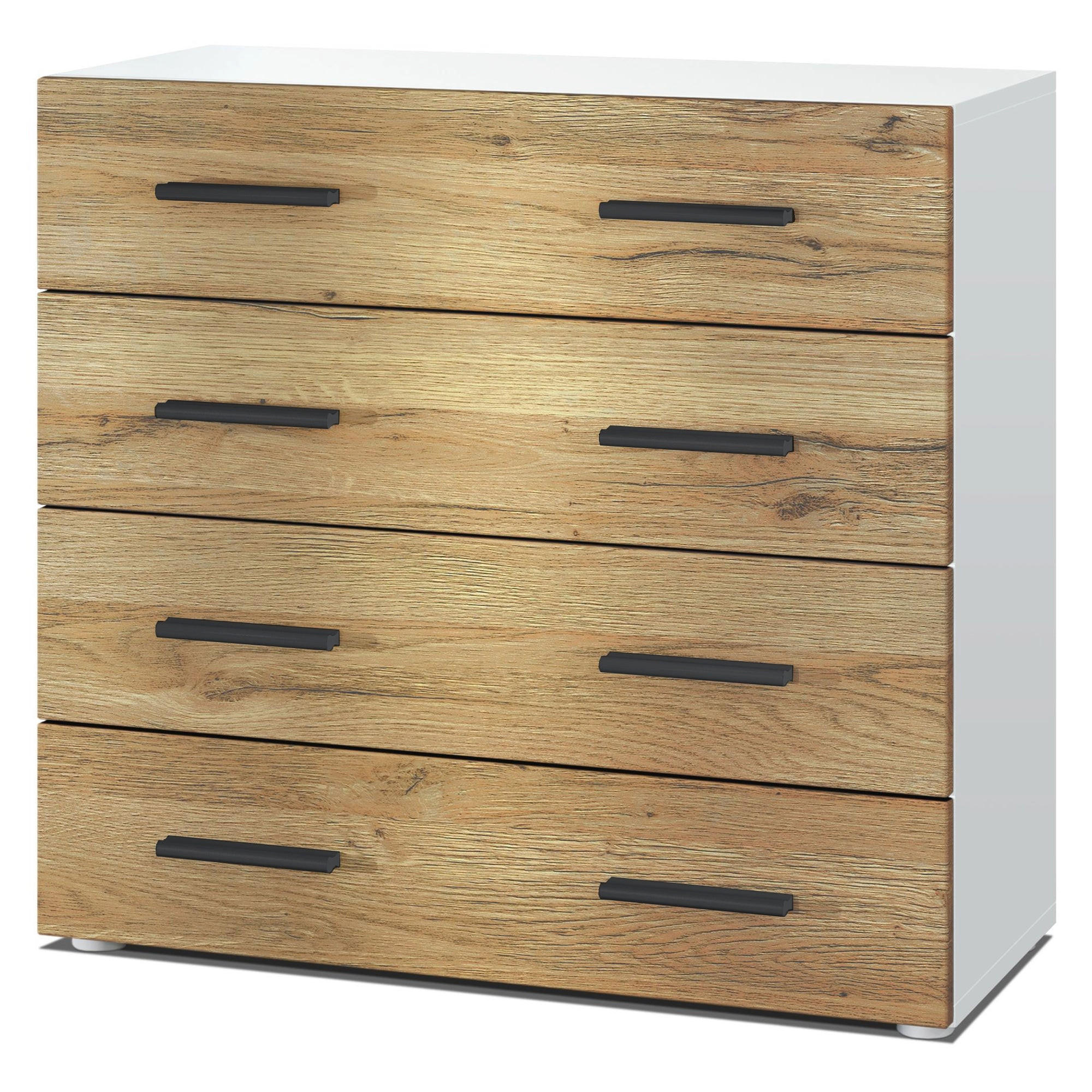 KOMMODE Den, Sideboard mit 4 Schubladen, Made in Germany, Moderner Schrank, Weiß matt / Eiche Nature (76 x 72 x 35 cm) - Eiche Wotan, Holzwerkstoff (76/72/33cm) - InnoFurn