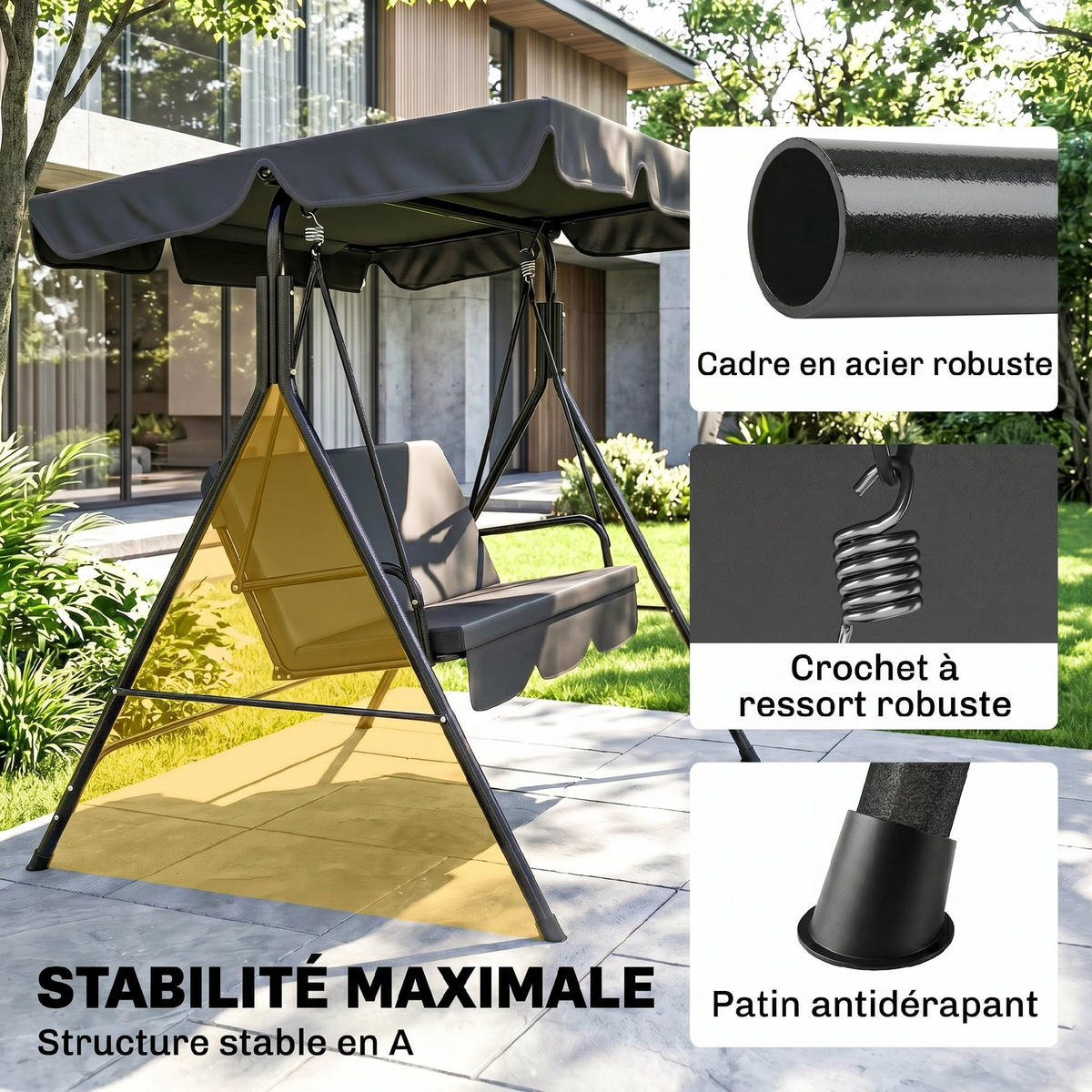GARTENSCHAUKEL Schwarz 3-Sitzer - Schwarz, Metall (172/153/110cm) - PANGIVO