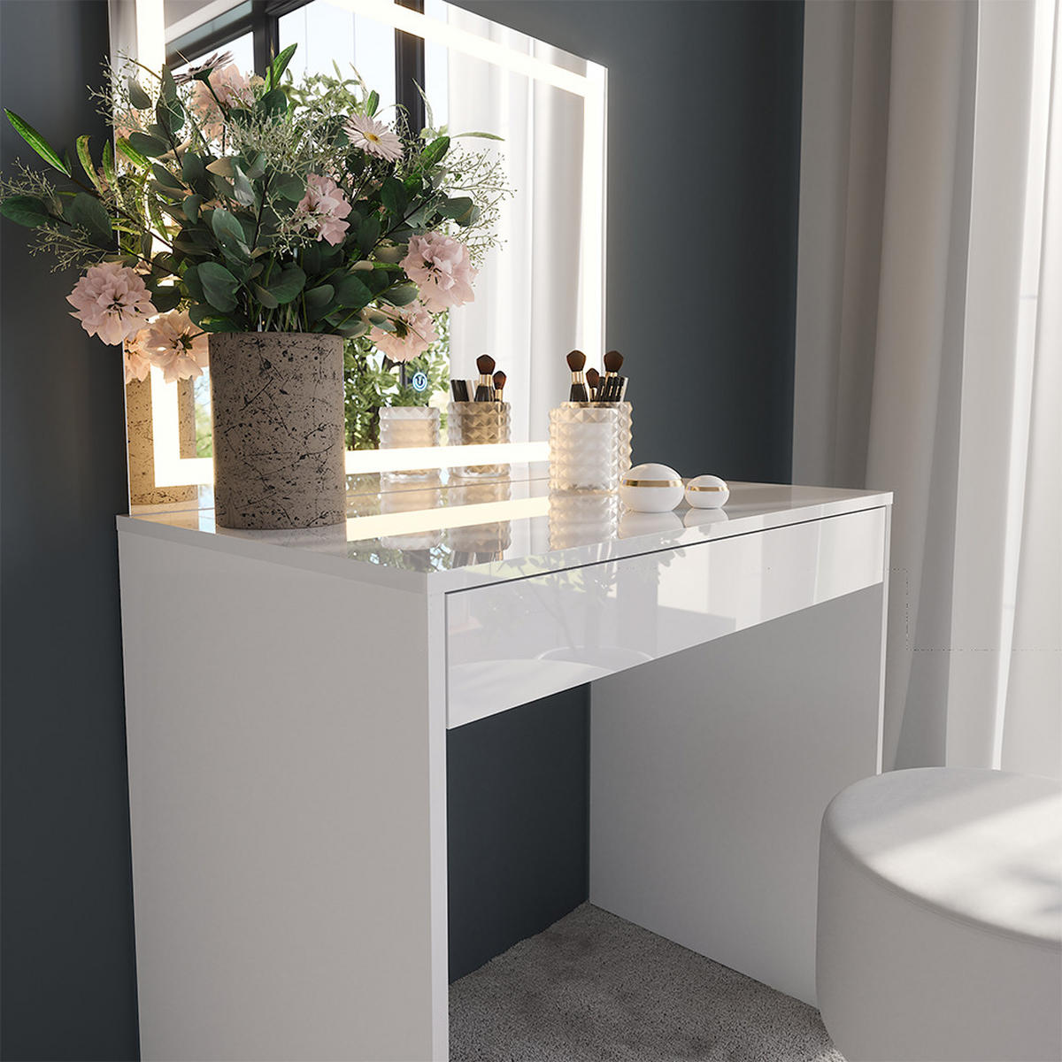 SCHMINKTISCH Sherry Weiß/Weiß Hochglanz 81.4 cm mit LED-Spiegel und Hocker - Weiß Hochglanz, Holzwerkstoff (81.4/76/50.1cm) - Vicco