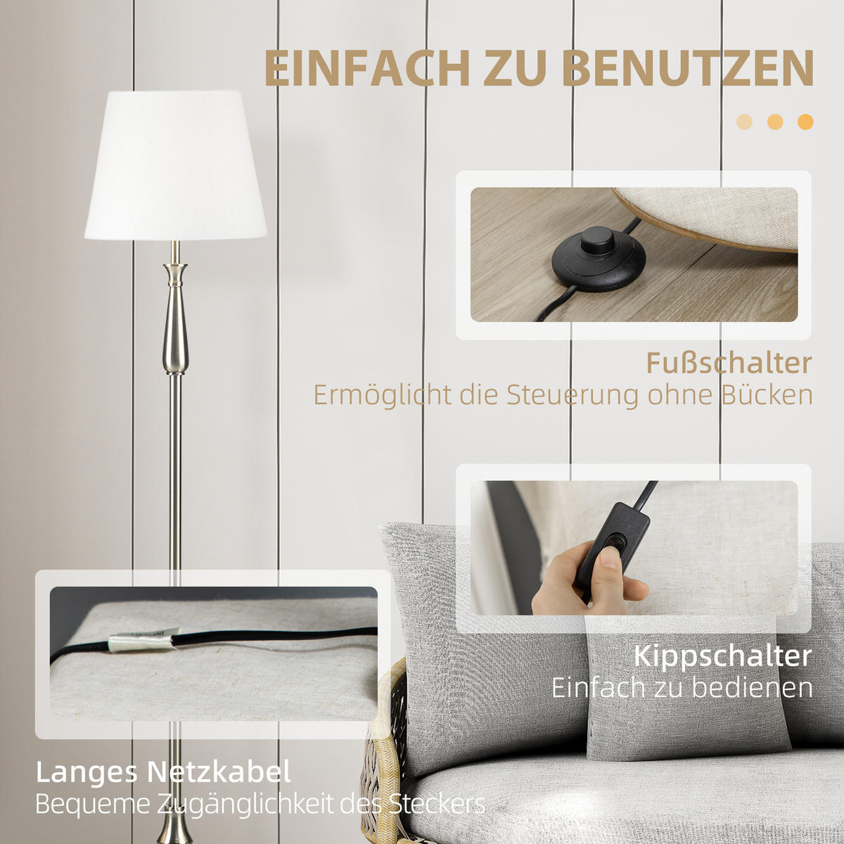 TISCHLAMPE Set, 3-tlg. Lampenset, Creme - Creme, Metall (35.5/35.5/146cm) - HOMCOM