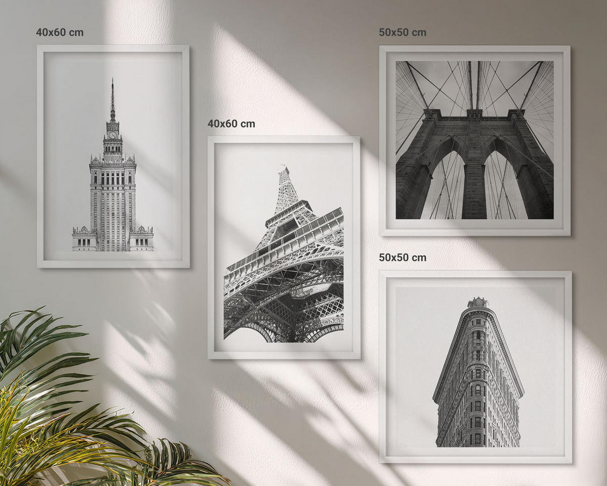 WANDBILDER 4er-Set - 50x50 cm & 40x60 cm Weißer Rahmen - Architektur Schwarz-Weiß-Minimalismus - Weiß, Kunststoff (50/50cm) - ArtPrintCave