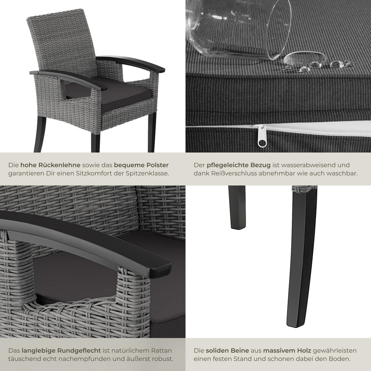 RATTAN STUHL Rosarno, inklusive Sitzpolster, 62,5 x 71,5 x 94 cm, grau - Grau, Kunststoff (62.5/94/71.5cm) - tectake