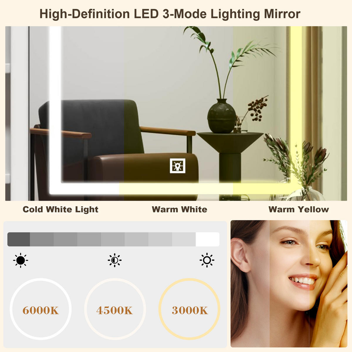 SCHMINKTISCH-SET 85 cm in Weiß mit LED-Spiegel, Hocker & verspiegelten Schiebetüren - Weiß, Holzwerkstoff (85/130/36cm) - Urban Meuble