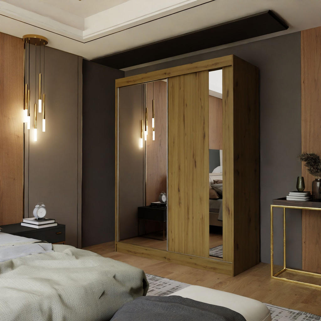 Thumbnail - Masseno Schwebetürenschrank, Eiche Artisan, Holzwerkstoff, 4 Fächer, Rechteckig, 160x216x61 cm, Schlafzimmer, Kleidersch...
