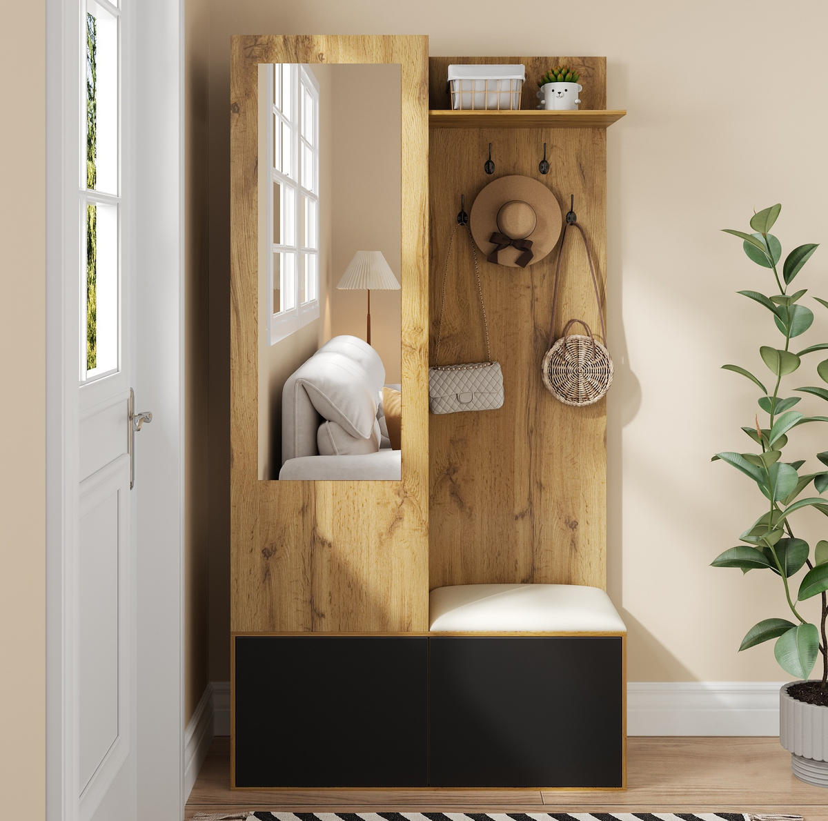 GARDEROBE mit Spiegel, Schuhablage und Sitzbank, 5 Haken, 100/38/191 cm - Schwarz, Holzwerkstoff (100/191/38cm) - BEAOK