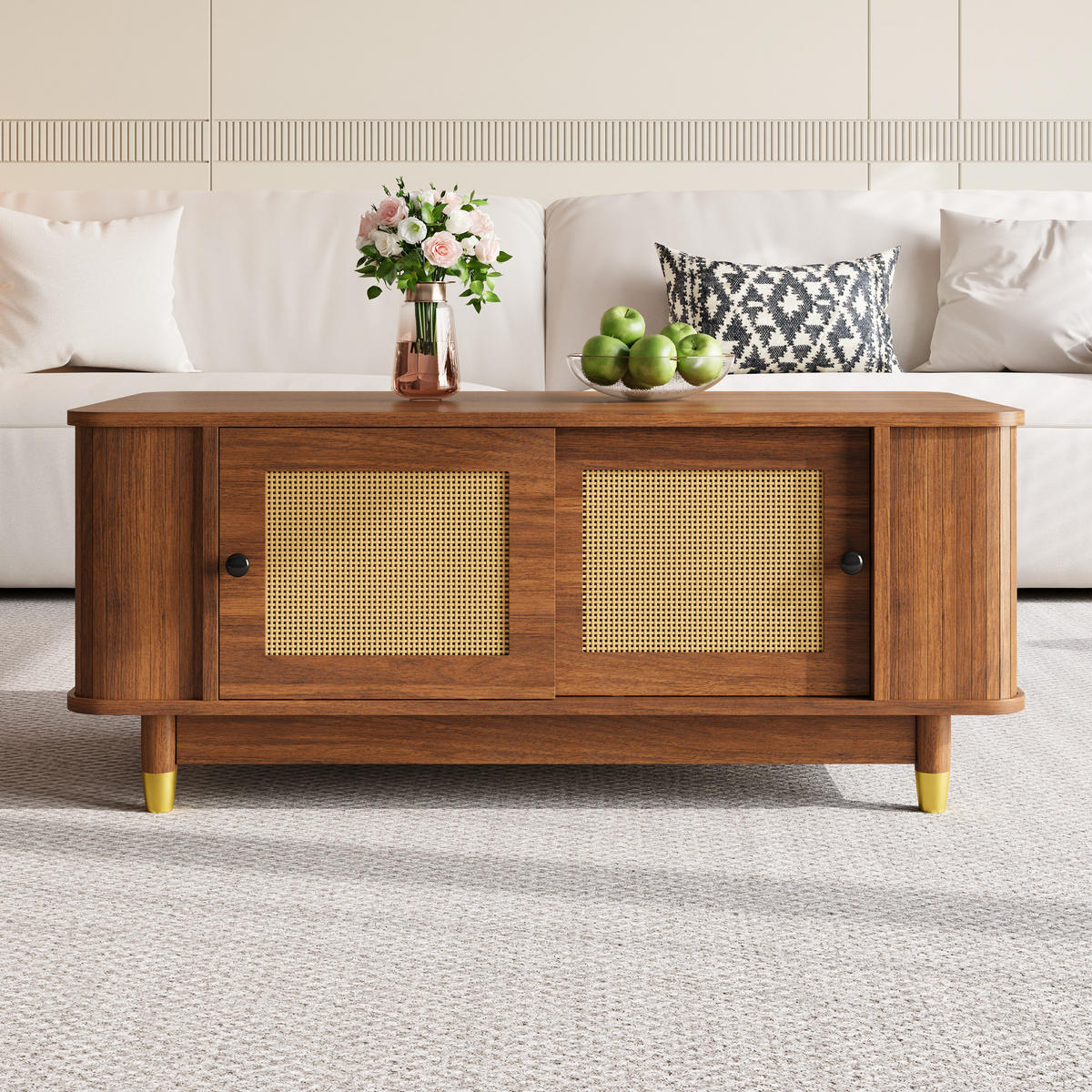COUCHTISCH in Walnuss-Optik Wohnzimmertisch mit Rattan-Schiebetüren, B100/T50/H42(cm) - Braun, Holzwerkstoff (50/100/42cm) - STILVORA