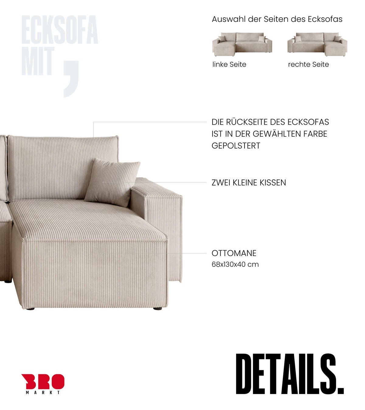 ECKSOFA ADI mit Schlaffunktion Vanille Cord - Creme, Textil (244/143cm) - Bromarkt