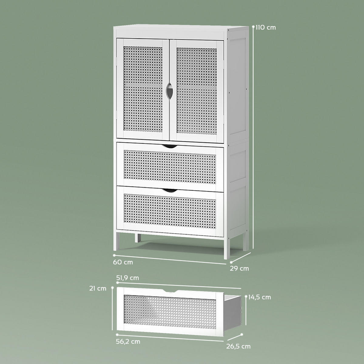 MIDI OMARICA Mincio, Bela, 60 x 110 cm z 2 predali in 2 vrati - bela, leseni material (60/110/29cm) - Livinity®