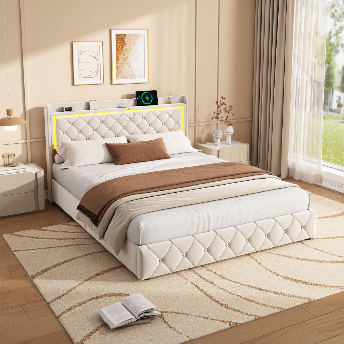 POLSTERBETT 140x200 cm, Stauraumbett mit 4 Schubladen, LED & USB/Type-C, Flauschstoff in Beige - Beige, Holz (140/200cm) - BRILVERDE