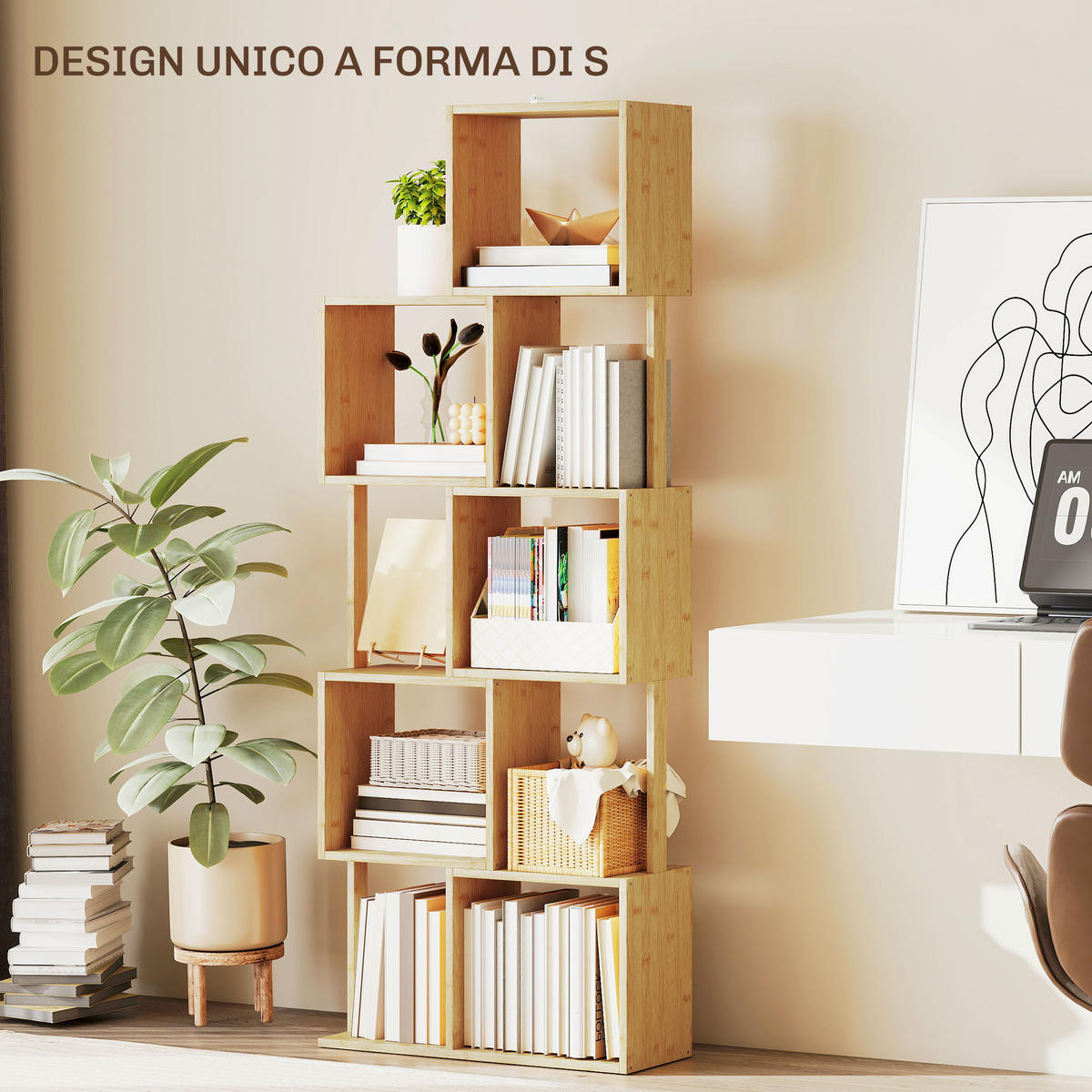 BÜCHERREGAL,ASYMMETRISCH 5-stöckig Bambus 62,5x23x165cm,naturholzfarbe - Beige, Metall (62.5/165/23cm) - Vallsero