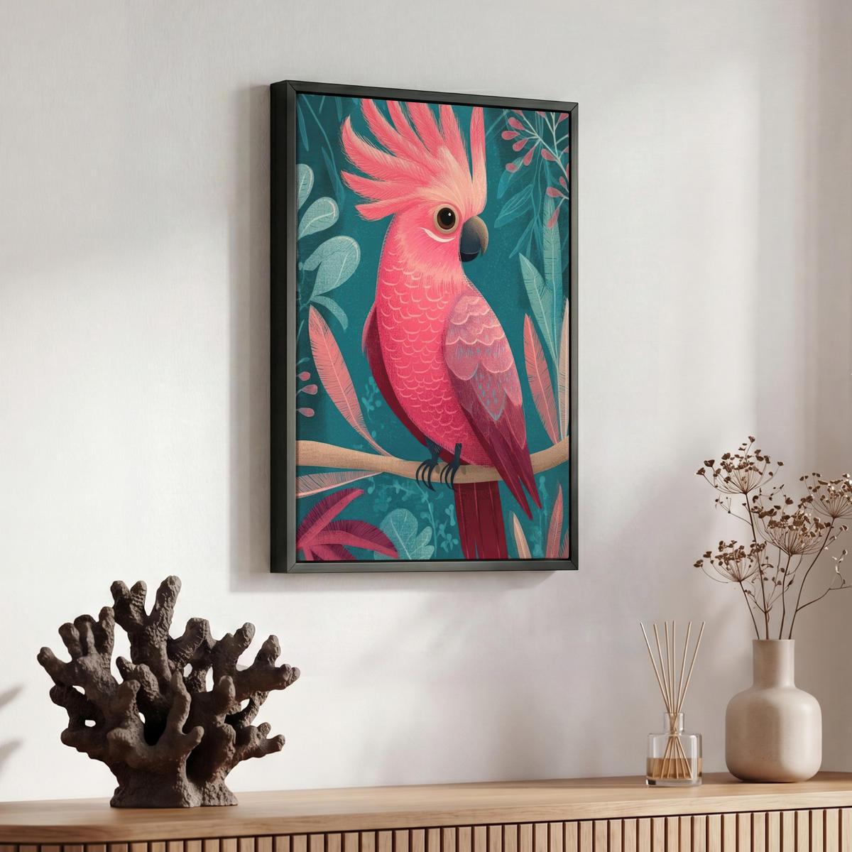 LEINWAND Bilder mit Rahmen - Kakadu - Tropische Blätter - Zweig - 30x40 - Petrol, Textil (30/40cm) - MuchoWow