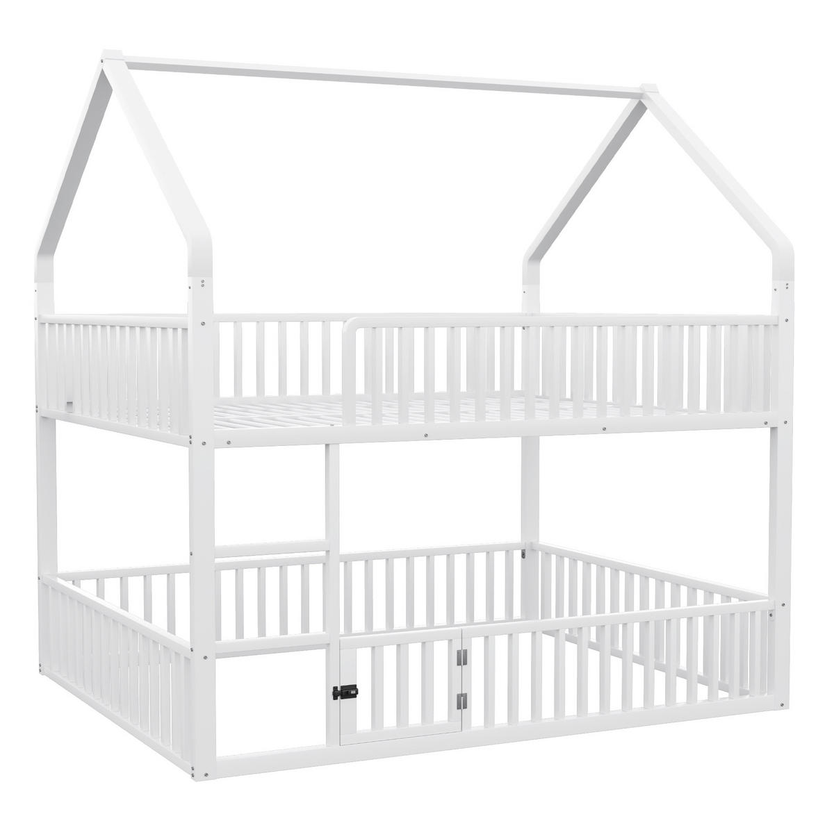 HAUSBETT 140/200 cm aus Metall in Weiß mit Hausrahmen und Treppe - Weiß, Metall (140/200cm) - BEAOK