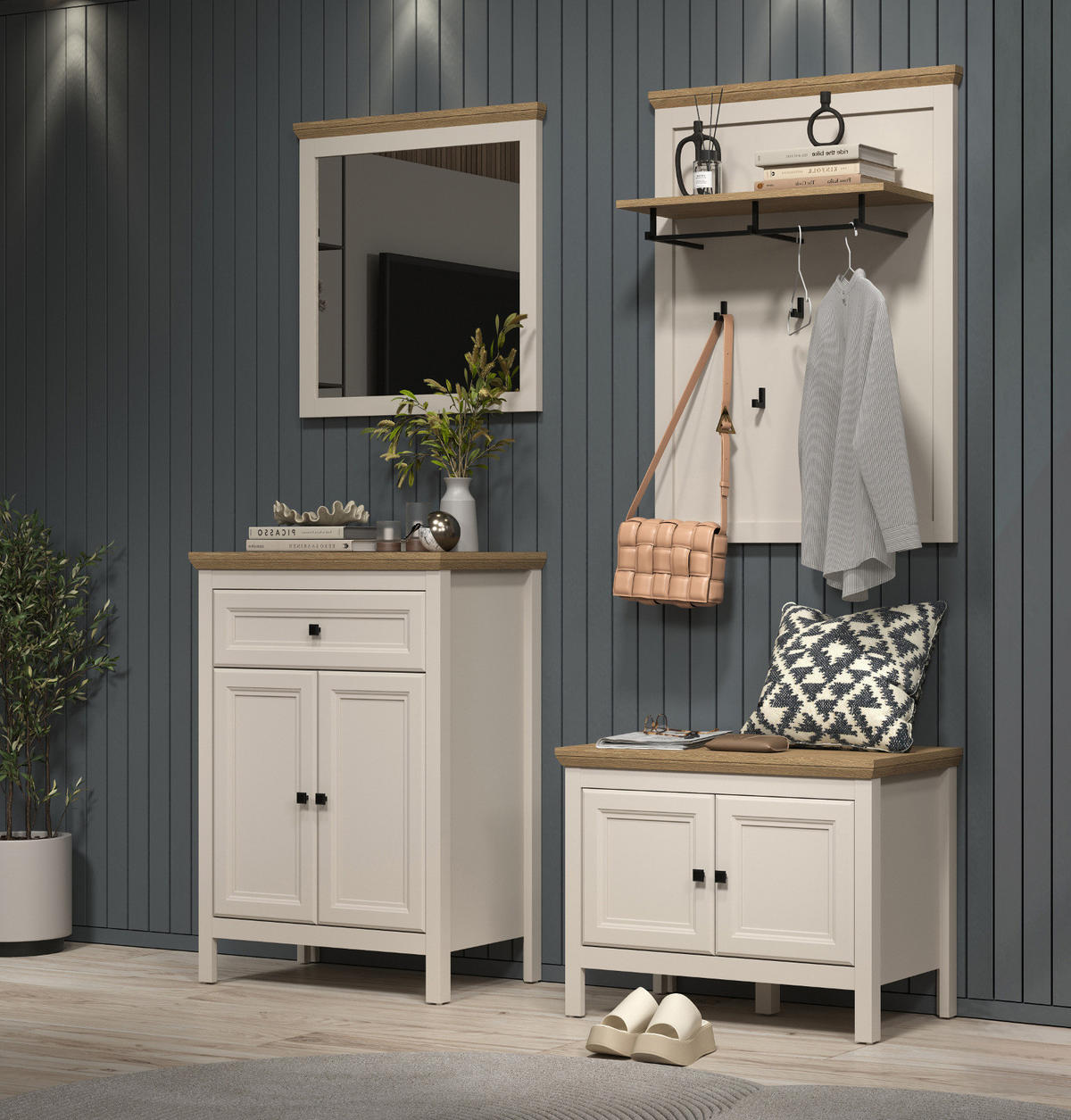 GARDEROBENBANK Kaschmir, Stein Eiche Landhaus 76 cm, Sitzbank mit Soft-Close - Kaschmir/Eichefarben, Holzwerkstoff/Kunststoff (76/57/41cm) - Top.Furn