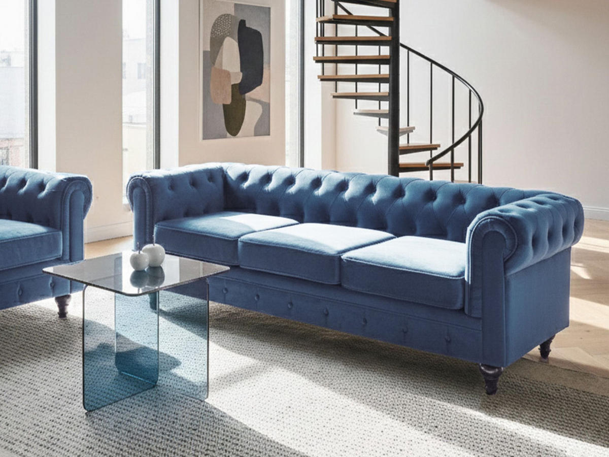 3-SITZER-SOFA Samtstoff Kobaltblau Chesterfield - Hellblau, Textil (201/70/75cm) - Beliani