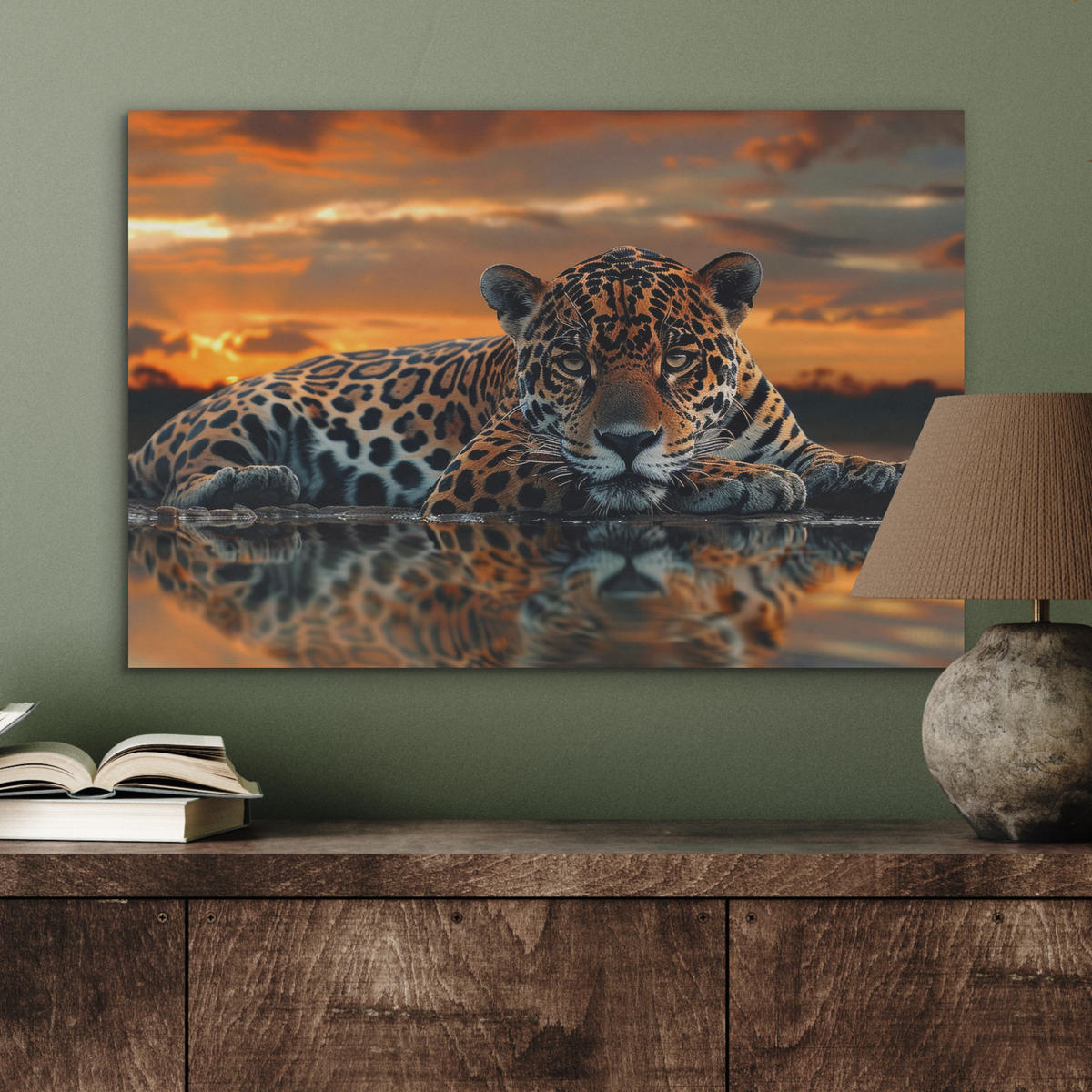 AKUSTIKBILD Natur - Leopard - Tier - Sonnenuntergang - Modern Wanddeko 70x50 cm - Orange, Kunststoff (70/50/0.9cm) - MuchoWow