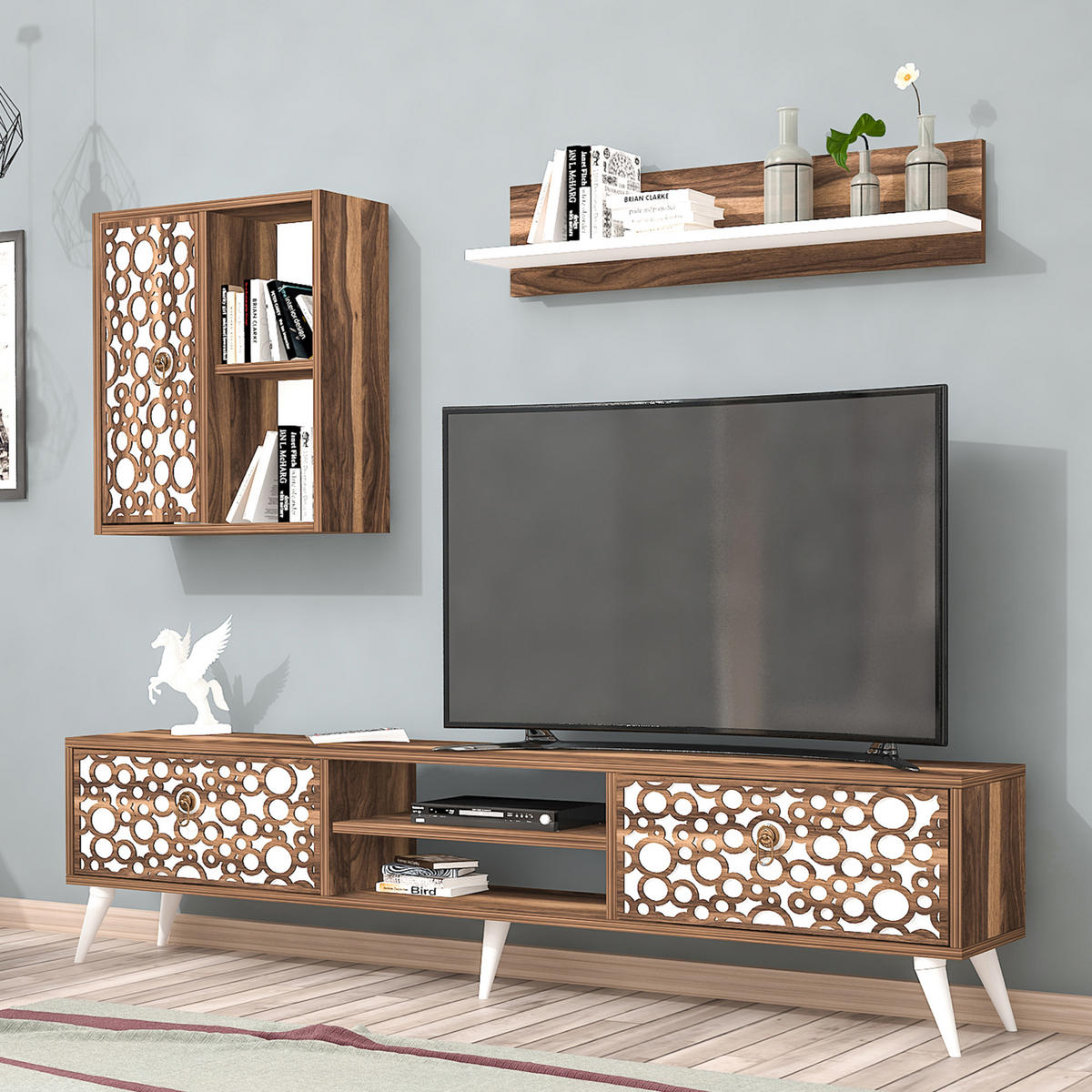 ANBAUWAND Leka 3-tlg - Nussbaumfarben/Weiß, Holzwerkstoff (29.5/48/180cm) - [en.casa]