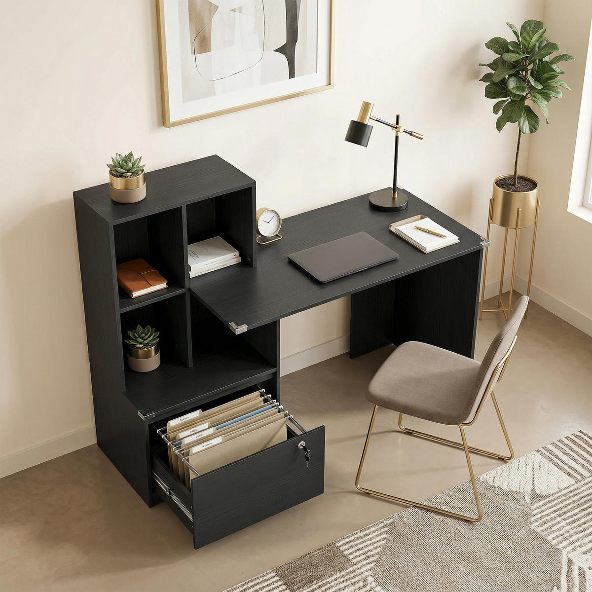 SCHREIBTISCH Schwarz mit abschließbarer Schublade und Regal 126/50/109 cm - Schwarz, Holzwerkstoff (50/126/109cm) - PANGIVO