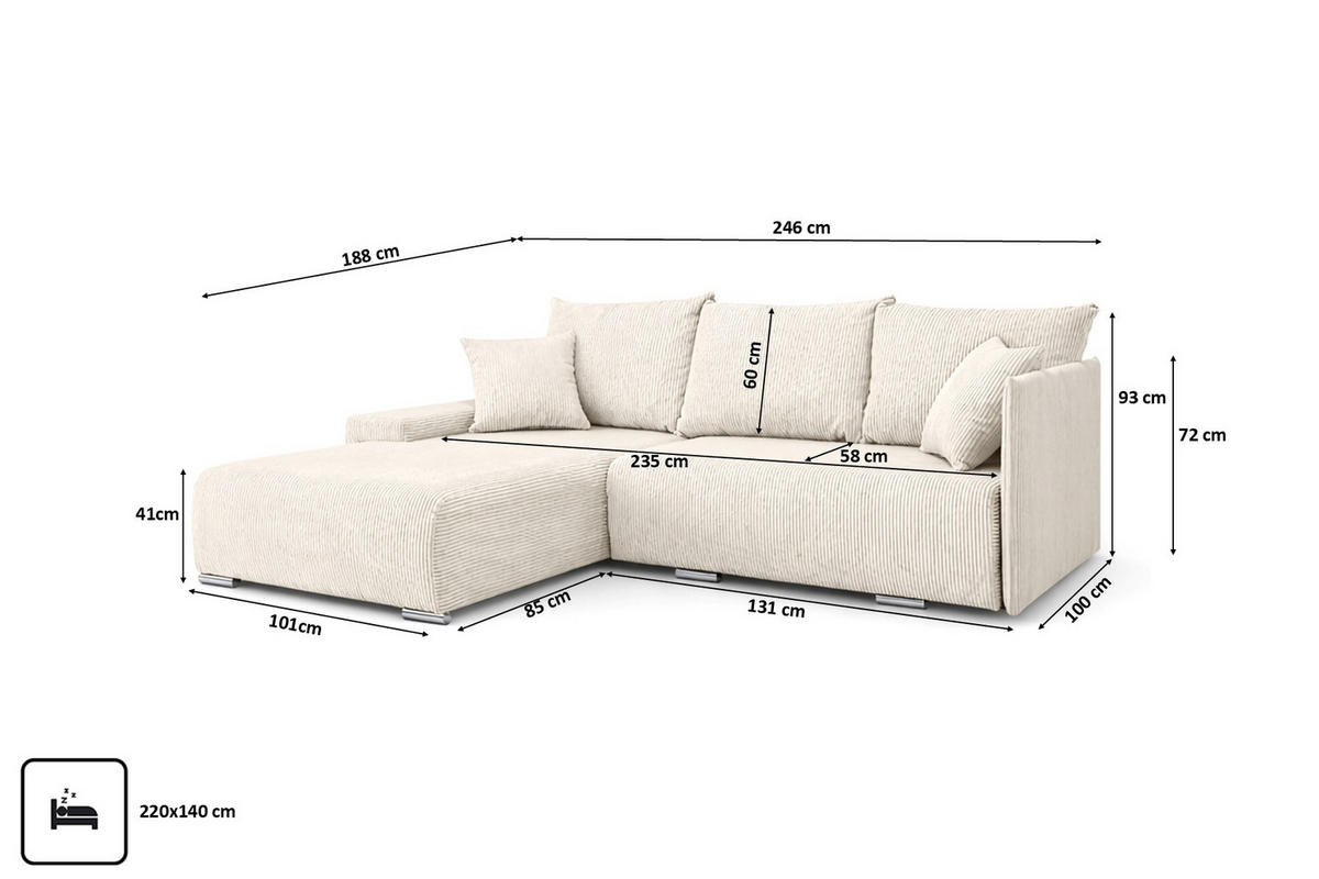 ECKSOFA L-Form Schlaffunktion Livorno Cord-Stoff Ecru Links - Chromfarben/Ecru, Holz/Kunststoff (246/188cm) - Kaiser Möbel