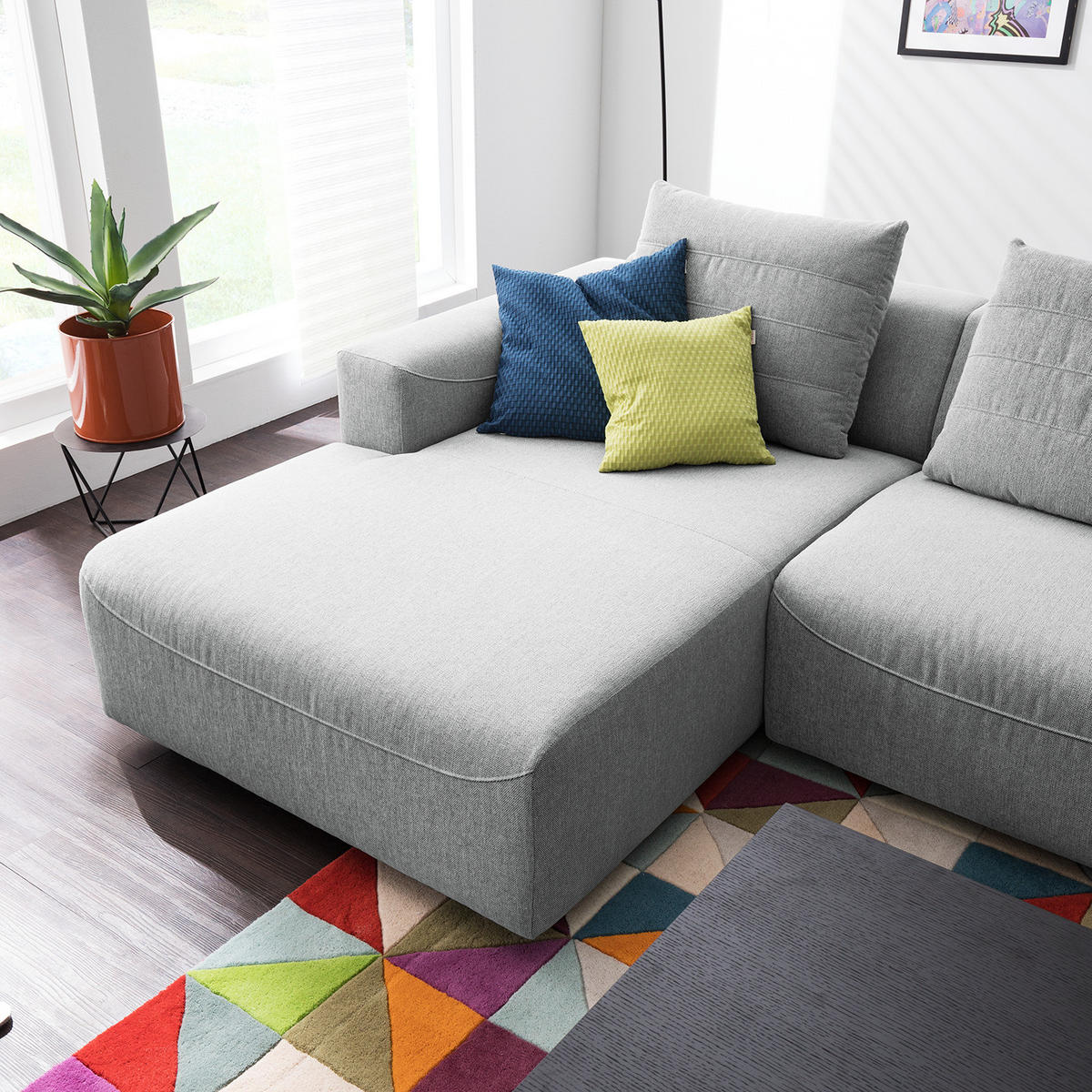 3-SITZER ECKSOFA mit Longchair - Webstoff - Hellgrau/Schwarz, Kunststoff/Textil (320/170cm) - home24