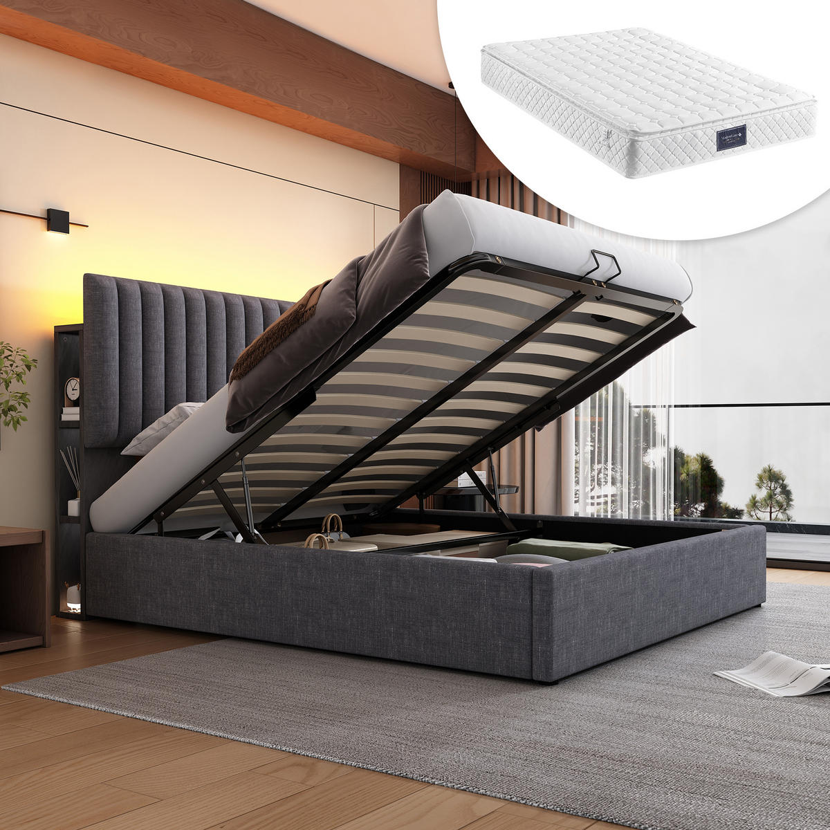 POLSTERBETT 160/200 cm in Grau Leinen mit Bettkasten, LED und USB - Grau, Holzwerkstoff/Textil (160/200cm) - WISHDOR