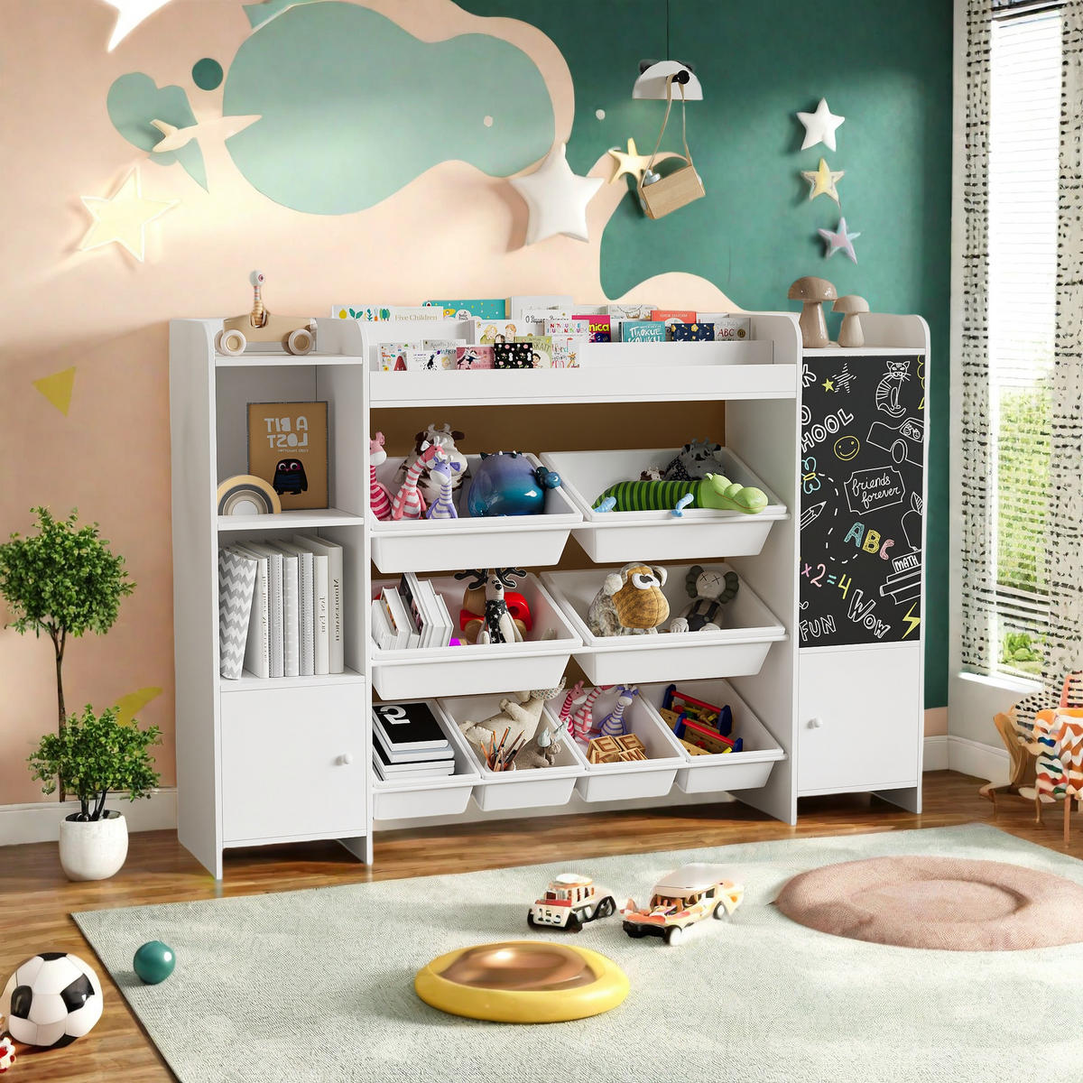 KINDERREGAL 4-stöckig weiß mit Aufbewahrungsboxen - Weiß, Holzwerkstoff (30/94.5/137cm) - SHOPENTRA